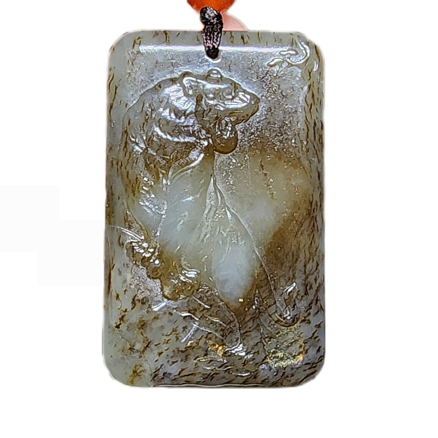 Premium natural Nephrite caramel brown & white 2 tones Tiger Jade pendant (with certificate) 和田玉且末糖白双色虎吊坠(带证书)