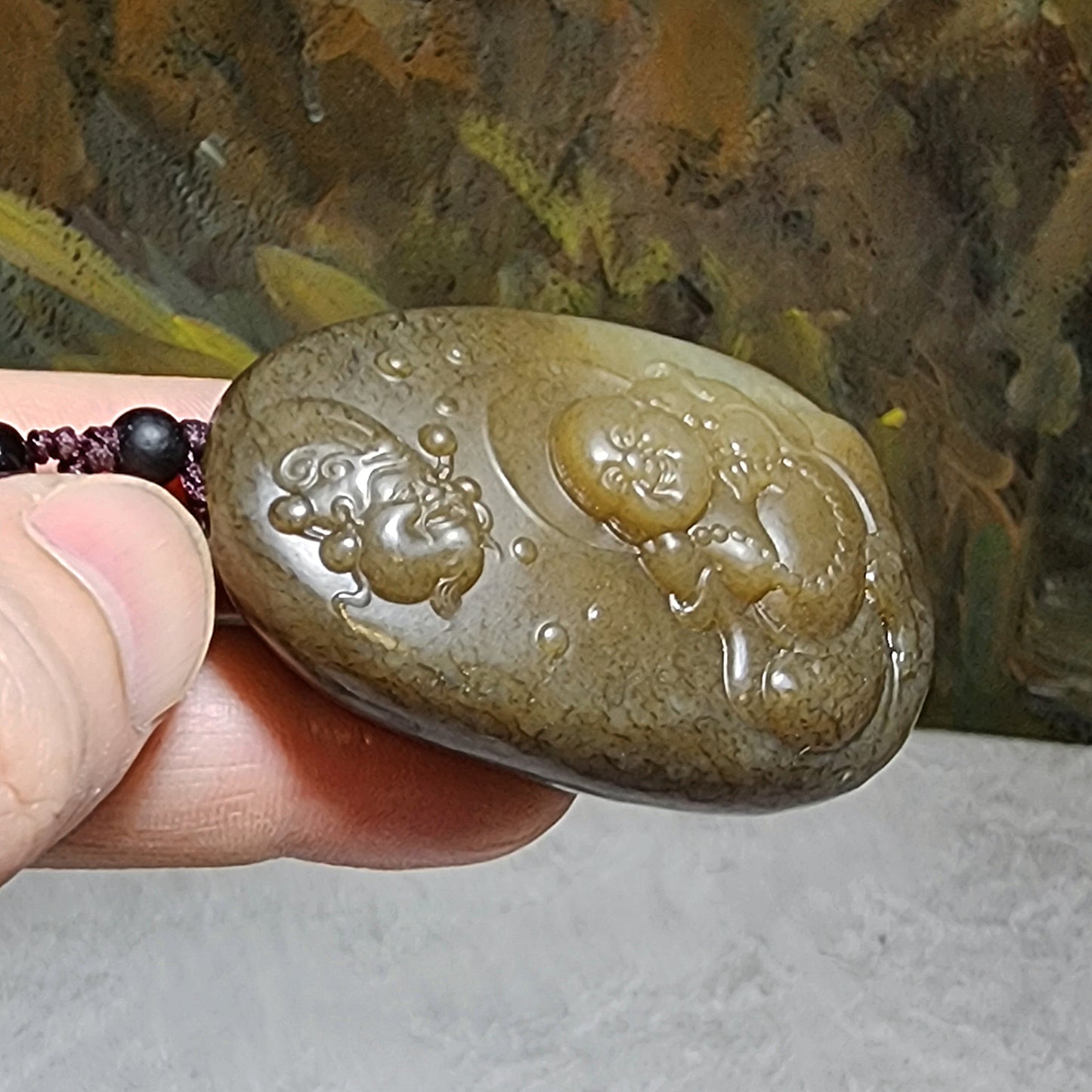 Premium Nephrite caramel brown good greasiness God of Wealth & Laughing Buddha Maitreya Jade pendant/handheld (with certificate) 优质和田玉且末老黃糖油润财神弥勒笑佛人财兩旺吊坠/手把(带证书)