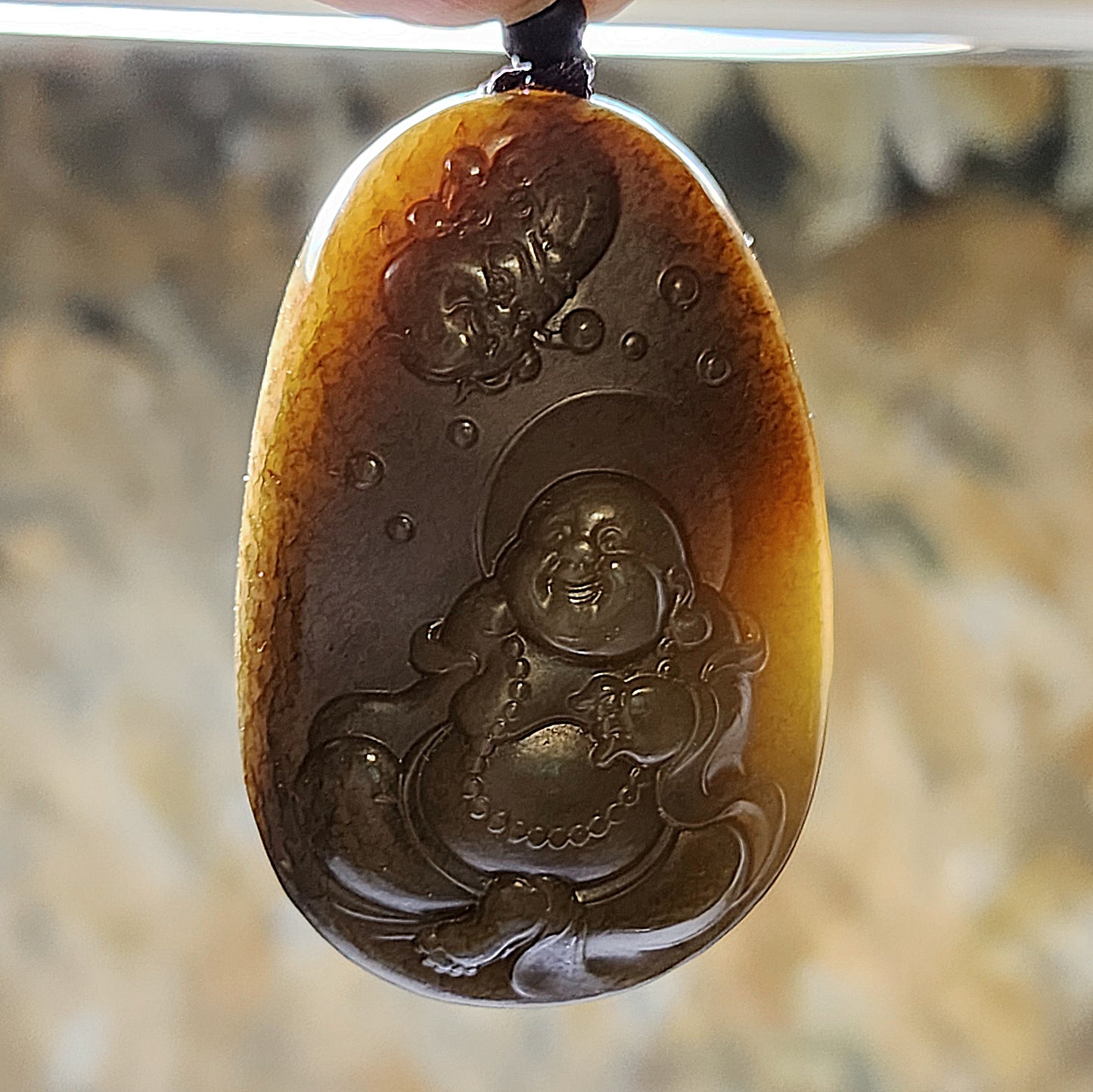 Premium Nephrite caramel brown good greasiness God of Wealth & Laughing Buddha Maitreya Jade pendant/handheld (with certificate) 优质和田玉且末老黃糖油润财神弥勒笑佛人财兩旺吊坠/手把(带证书)