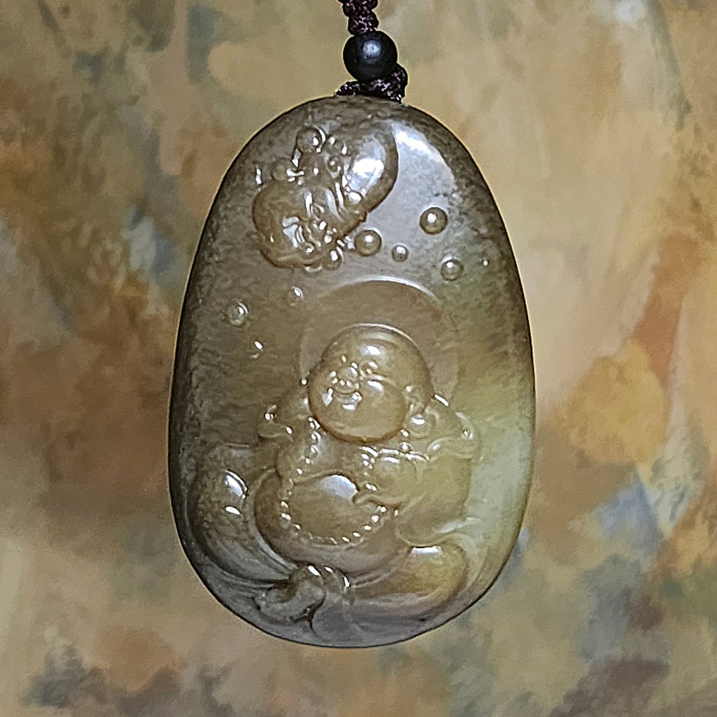 Premium Nephrite caramel brown good greasiness God of Wealth & Laughing Buddha Maitreya Jade pendant/handheld (with certificate) 优质和田玉且末老黃糖油润财神弥勒笑佛人财兩旺吊坠/手把(带证书)