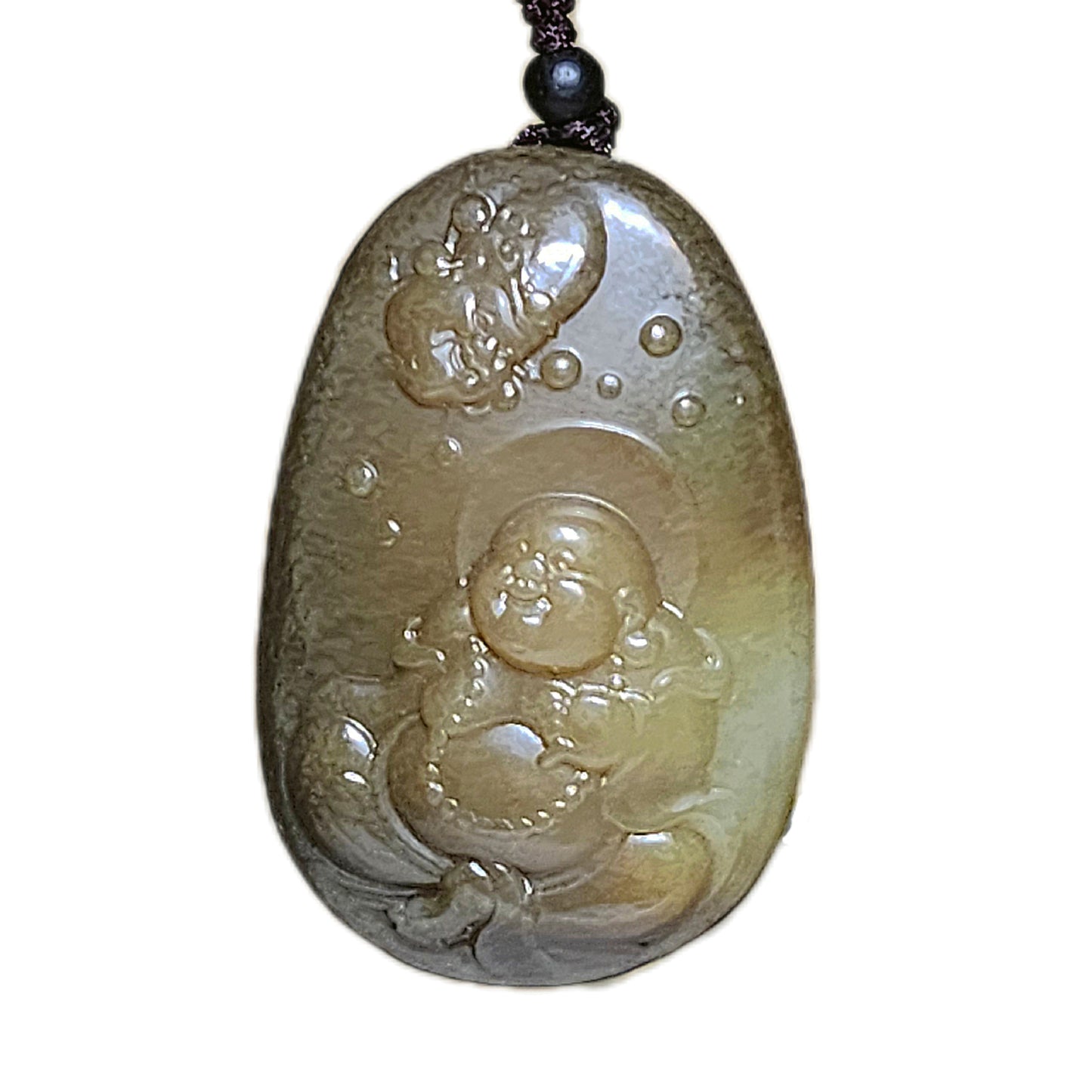 Premium Nephrite caramel brown good greasiness God of Wealth & Laughing Buddha Maitreya Jade pendant/handheld (with certificate) 优质和田玉且末老黃糖油润财神弥勒笑佛人财兩旺吊坠/手把(带证书)