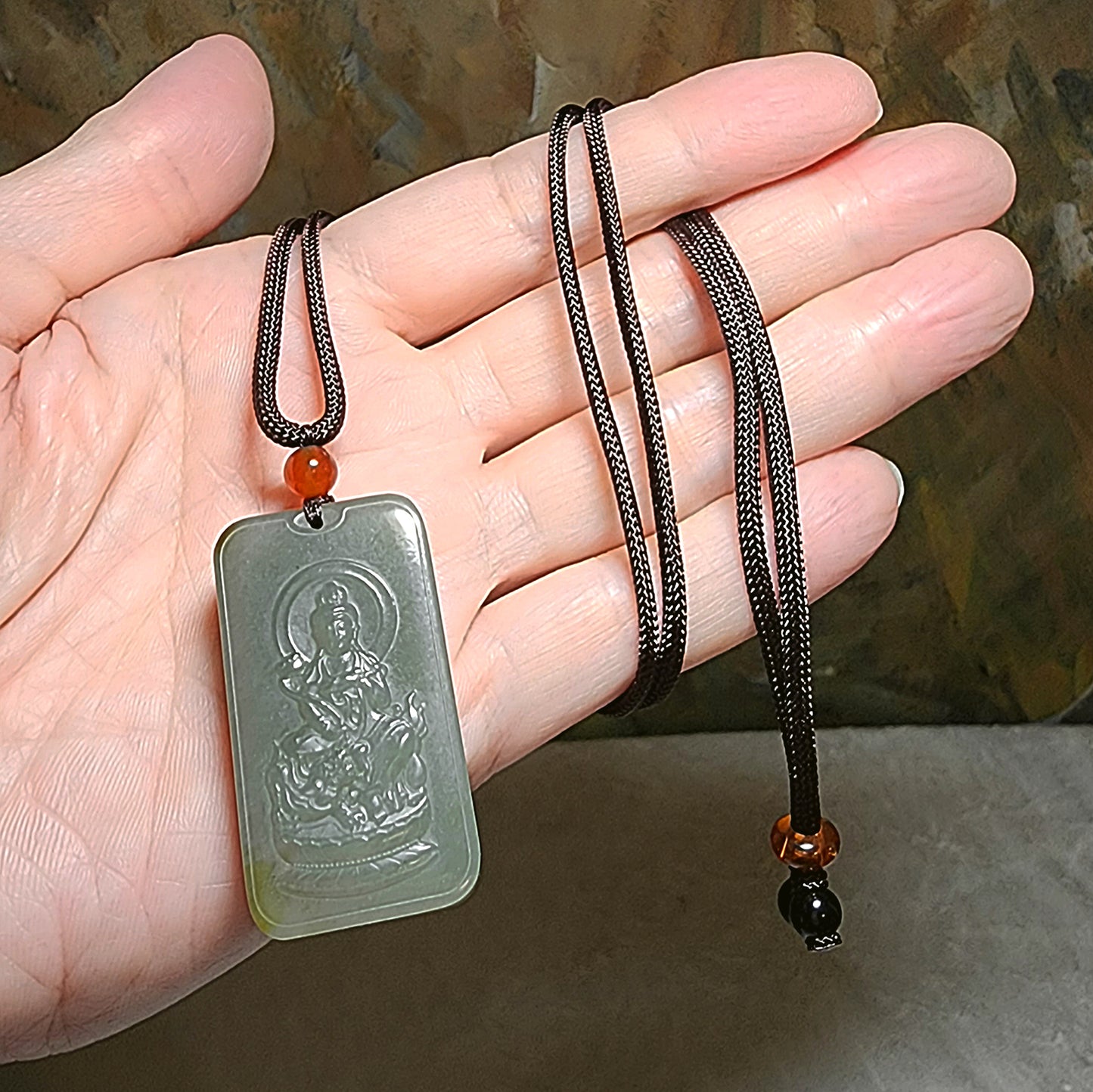 Premium Nephrite Manjusri Pusa (for Zodiac Rabbit) Jade pendant (with certificate) 和田玉且末青白糖文殊师利菩萨(合生肖兔)牌子(带证书)