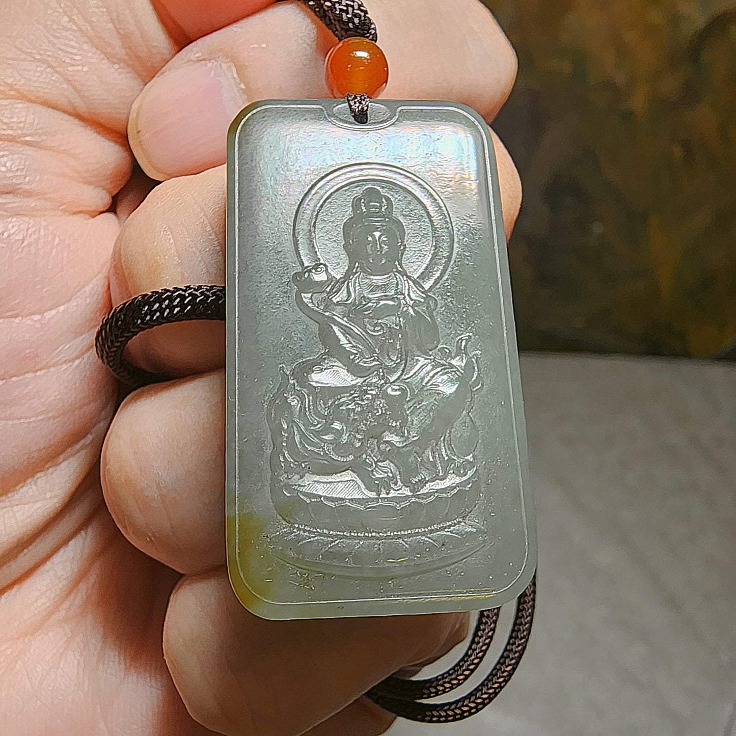 Premium Nephrite Manjusri Pusa (for Zodiac Rabbit) Jade pendant (with certificate) 和田玉且末青白糖文殊师利菩萨(合生肖兔)牌子(带证书)