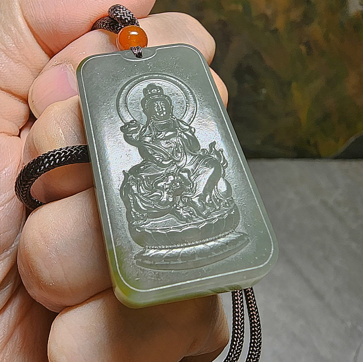 Premium Nephrite Manjusri Pusa (for Zodiac Rabbit) Jade pendant (with certificate) 和田玉且末青白糖文殊师利菩萨(合生肖兔)牌子(带证书)