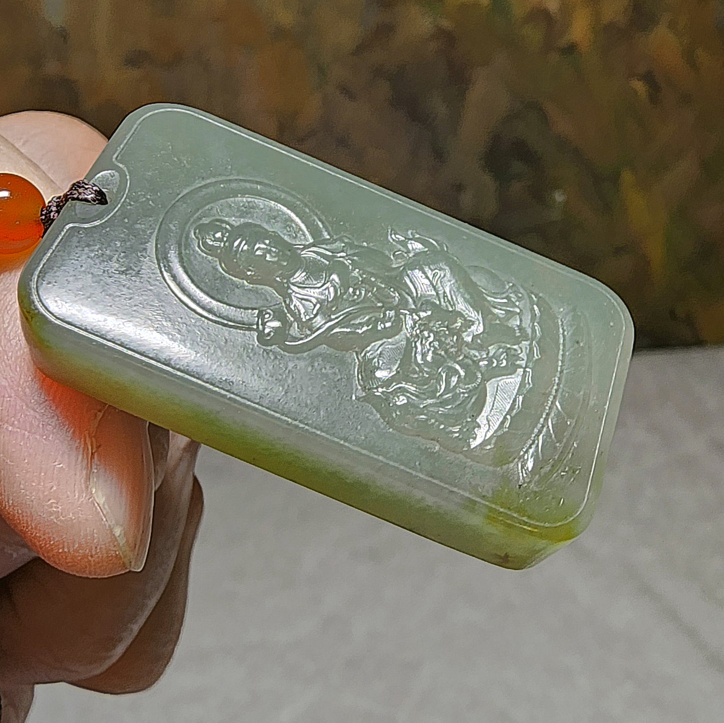 Premium Nephrite Manjusri Pusa (for Zodiac Rabbit) Jade pendant (with certificate) 和田玉且末青白糖文殊师利菩萨(合生肖兔)牌子(带证书)