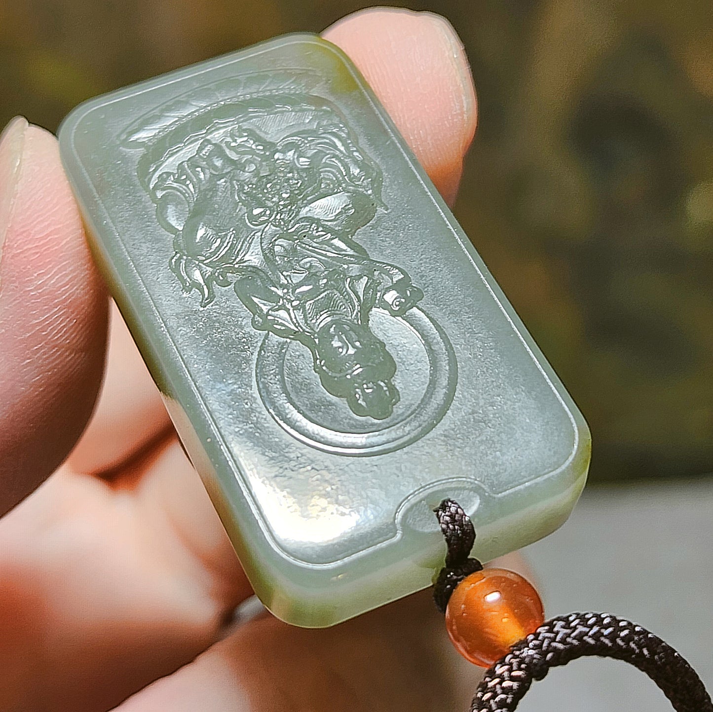 Premium Nephrite Manjusri Pusa (for Zodiac Rabbit) Jade pendant (with certificate) 和田玉且末青白糖文殊师利菩萨(合生肖兔)牌子(带证书)