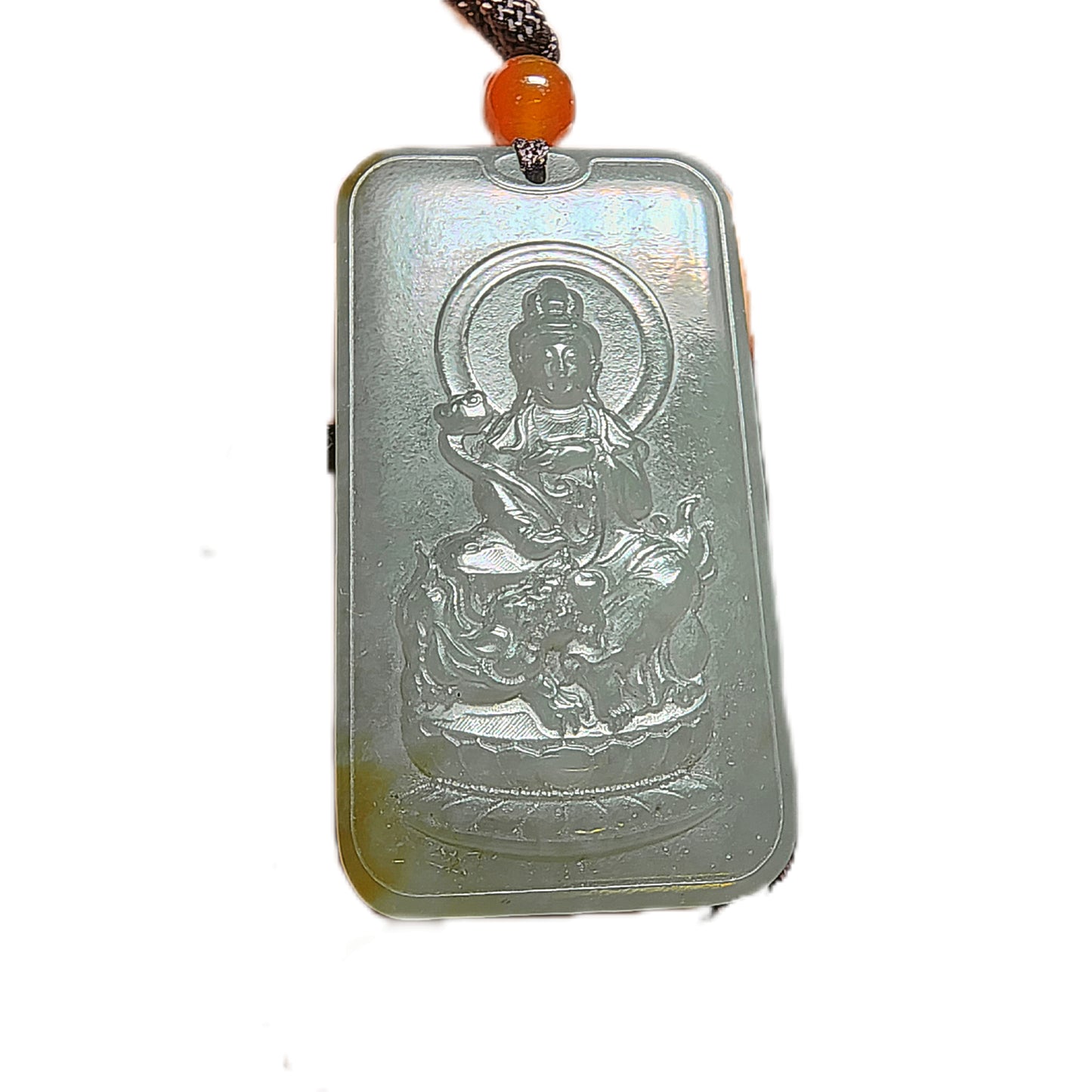 Premium Nephrite Manjusri Pusa (for Zodiac Rabbit) Jade pendant (with certificate) 和田玉且末青白糖文殊师利菩萨(合生肖兔)牌子(带证书)