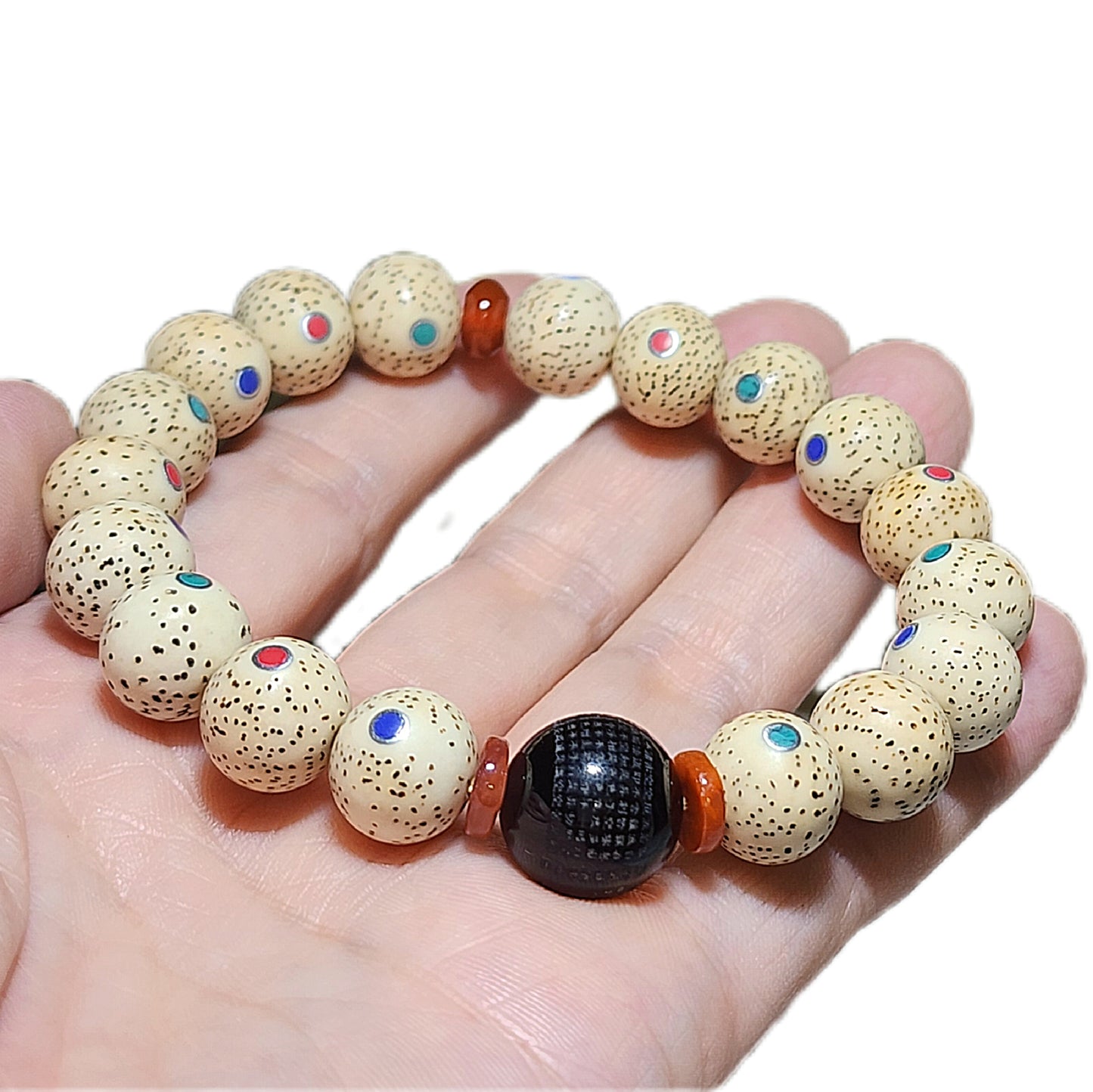 Gegegems Creation 12mm Premium Star & Moon Bodhi with Inlay, Nan Hong, Black Agate Heart Sutra "18 beads" mala bracelet/handheld 12毫优质星月菩提镶嵌天然绿松石南红青金配南红黑玛瑙雕心经全文十八子念珠手链/手持