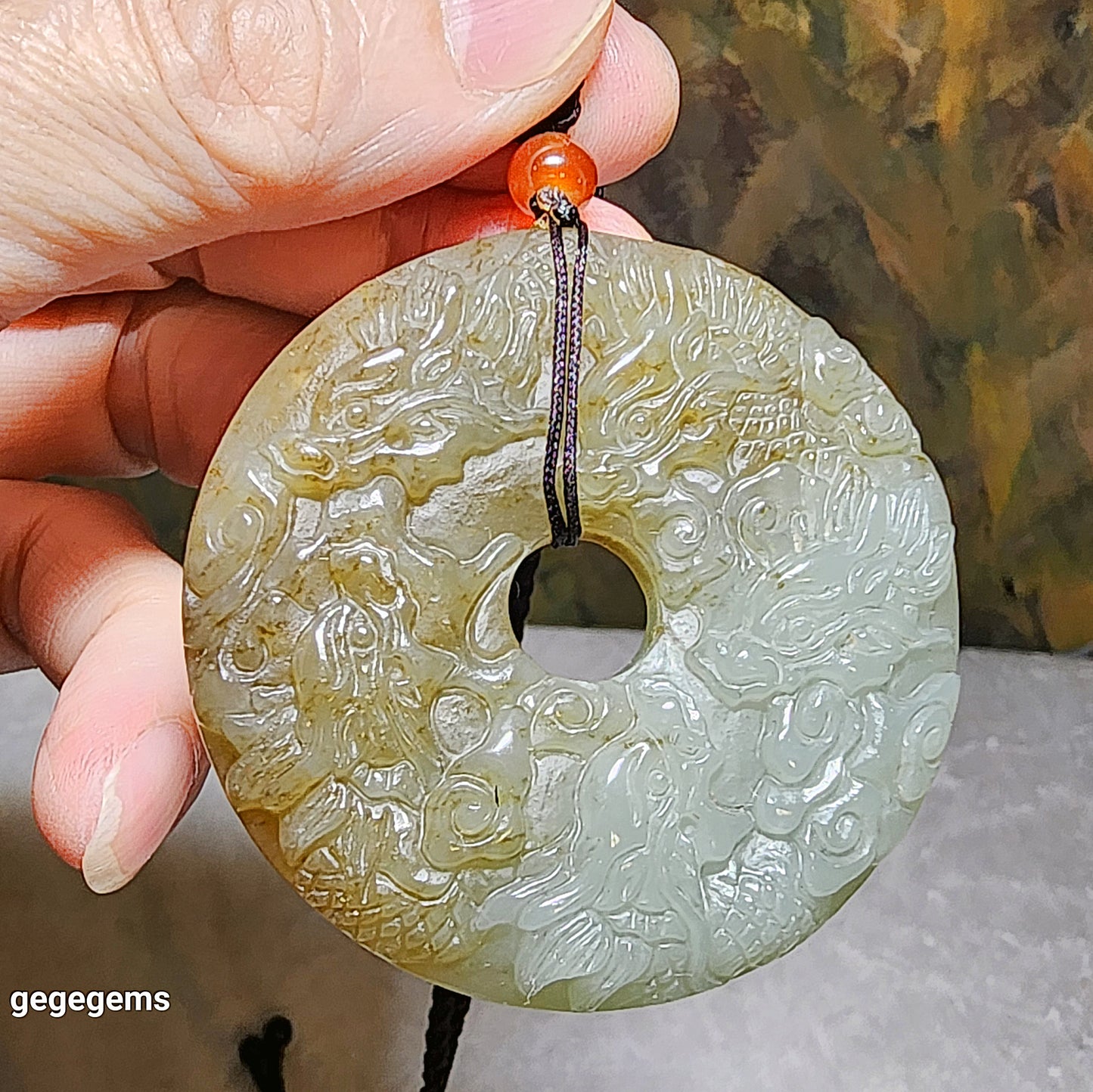 Premium Nephrite Nine Dragons (5 in front, 4 behind) Donut Jade pendant (with certificate) 和田玉且末糖青白九龙(前五后四)平安扣玉壁吊坠(带证书)