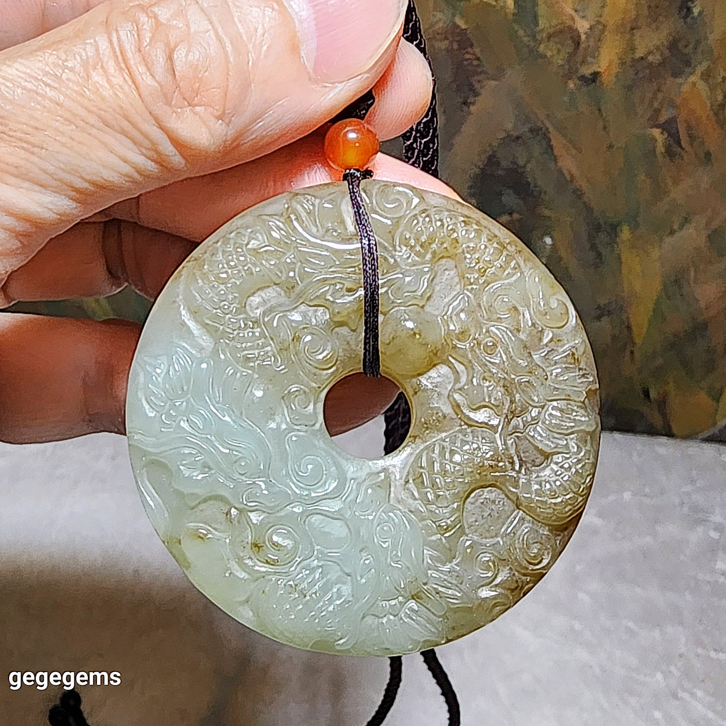 Premium Nephrite Nine Dragons (5 in front, 4 behind) Donut Jade pendant (with certificate) 和田玉且末糖青白九龙(前五后四)平安扣玉壁吊坠(带证书)