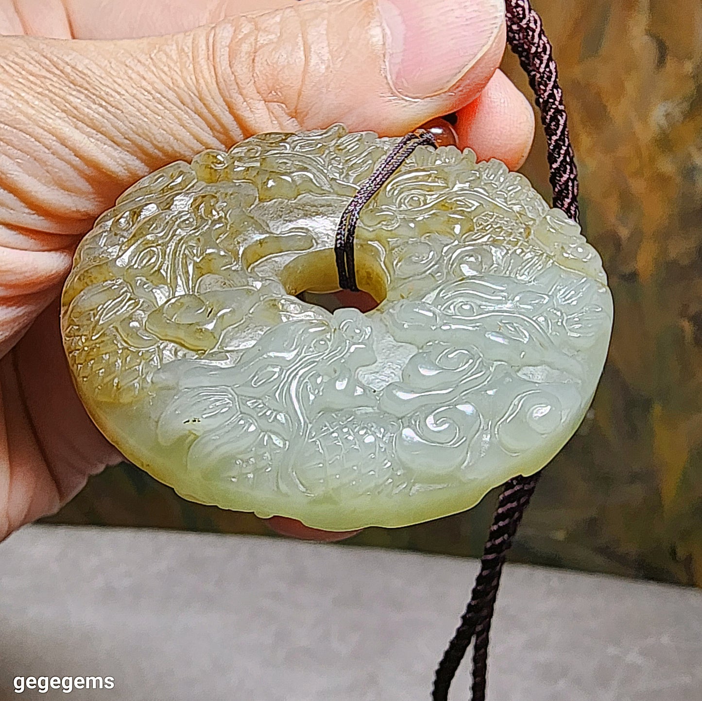 Premium Nephrite Nine Dragons (5 in front, 4 behind) Donut Jade pendant (with certificate) 和田玉且末糖青白九龙(前五后四)平安扣玉壁吊坠(带证书)