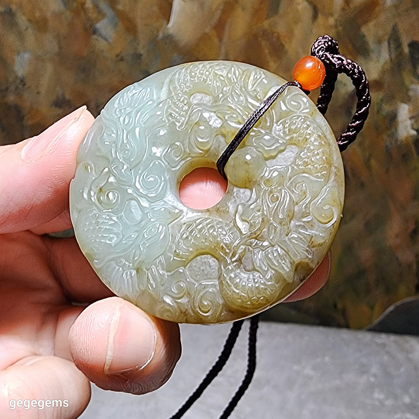 Premium Nephrite Nine Dragons (5 in front, 4 behind) Donut Jade pendant (with certificate) 和田玉且末糖青白九龙(前五后四)平安扣玉壁吊坠(带证书)