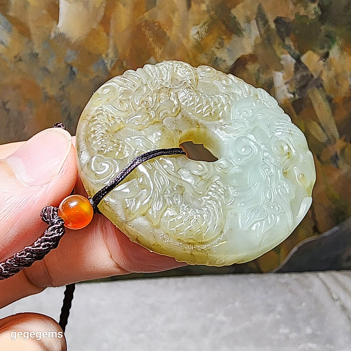 Premium Nephrite Nine Dragons (5 in front, 4 behind) Donut Jade pendant (with certificate) 和田玉且末糖青白九龙(前五后四)平安扣玉壁吊坠(带证书)