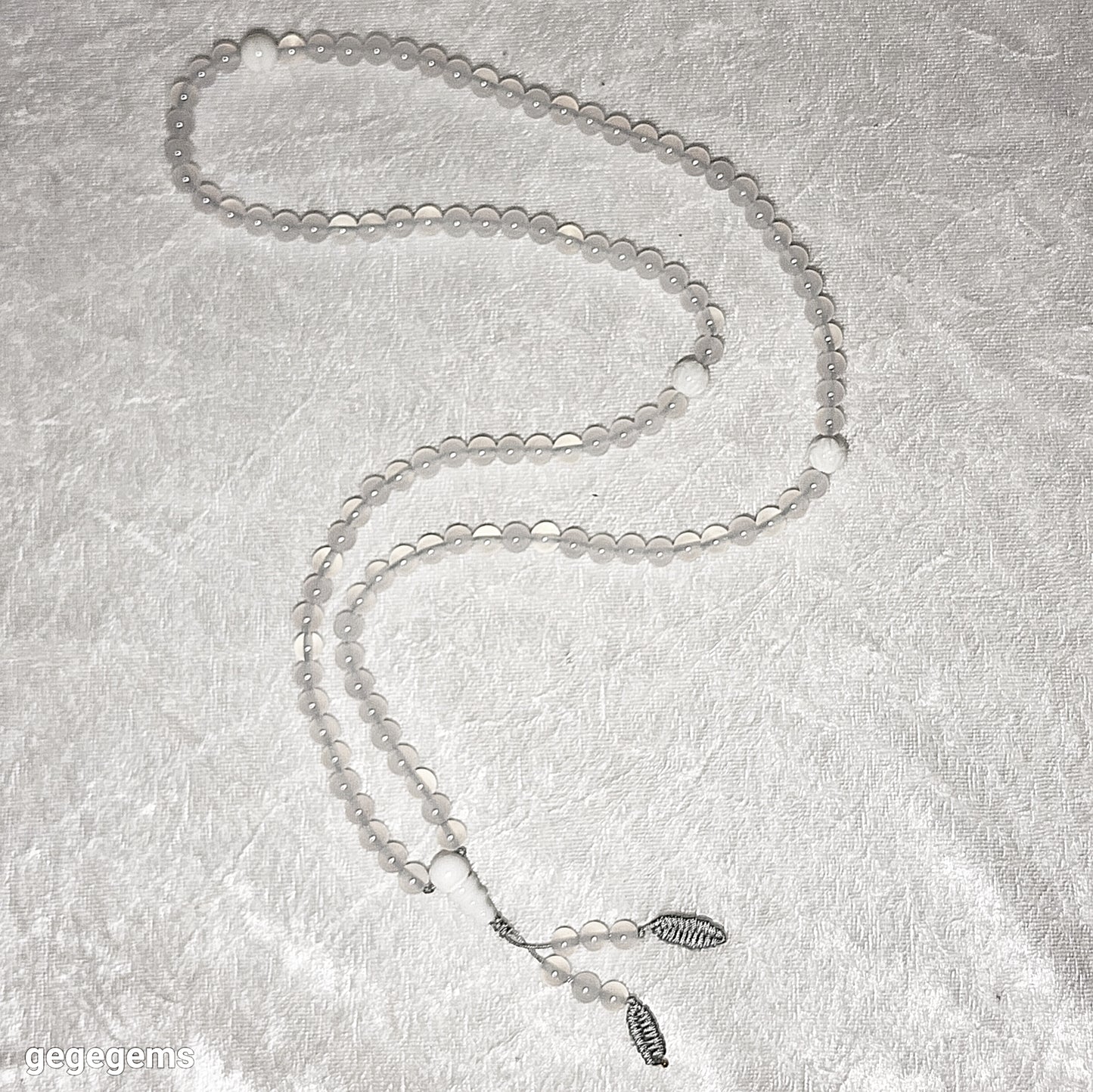 Gegegems Creation 6mm Premium Icy white Chalcedony with 8mm Che Qu Medicine Dzi Lotus &Hulu 108 mala necklace 优质冰白玉髓硨磲药师珠蓮花珠三通108念珠項链