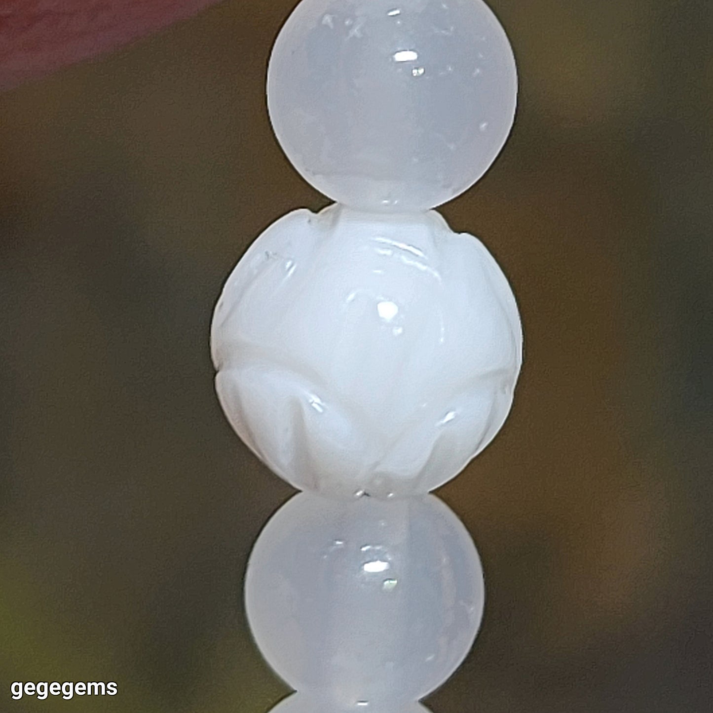 Gegegems Creation 6mm Premium Icy white Chalcedony with 8mm Che Qu Medicine Dzi Lotus &Hulu 108 mala necklace 优质冰白玉髓硨磲药师珠蓮花珠三通108念珠項链