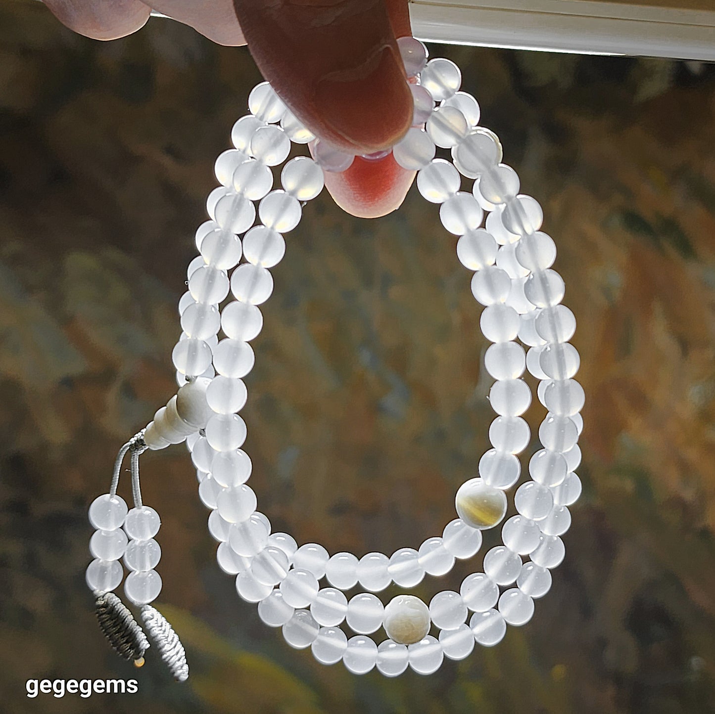 Gegegems Creation 6mm Premium Icy white Chalcedony with 8mm Che Qu Medicine Dzi Lotus &Hulu 108 mala necklace 优质冰白玉髓硨磲药师珠蓮花珠三通108念珠項链
