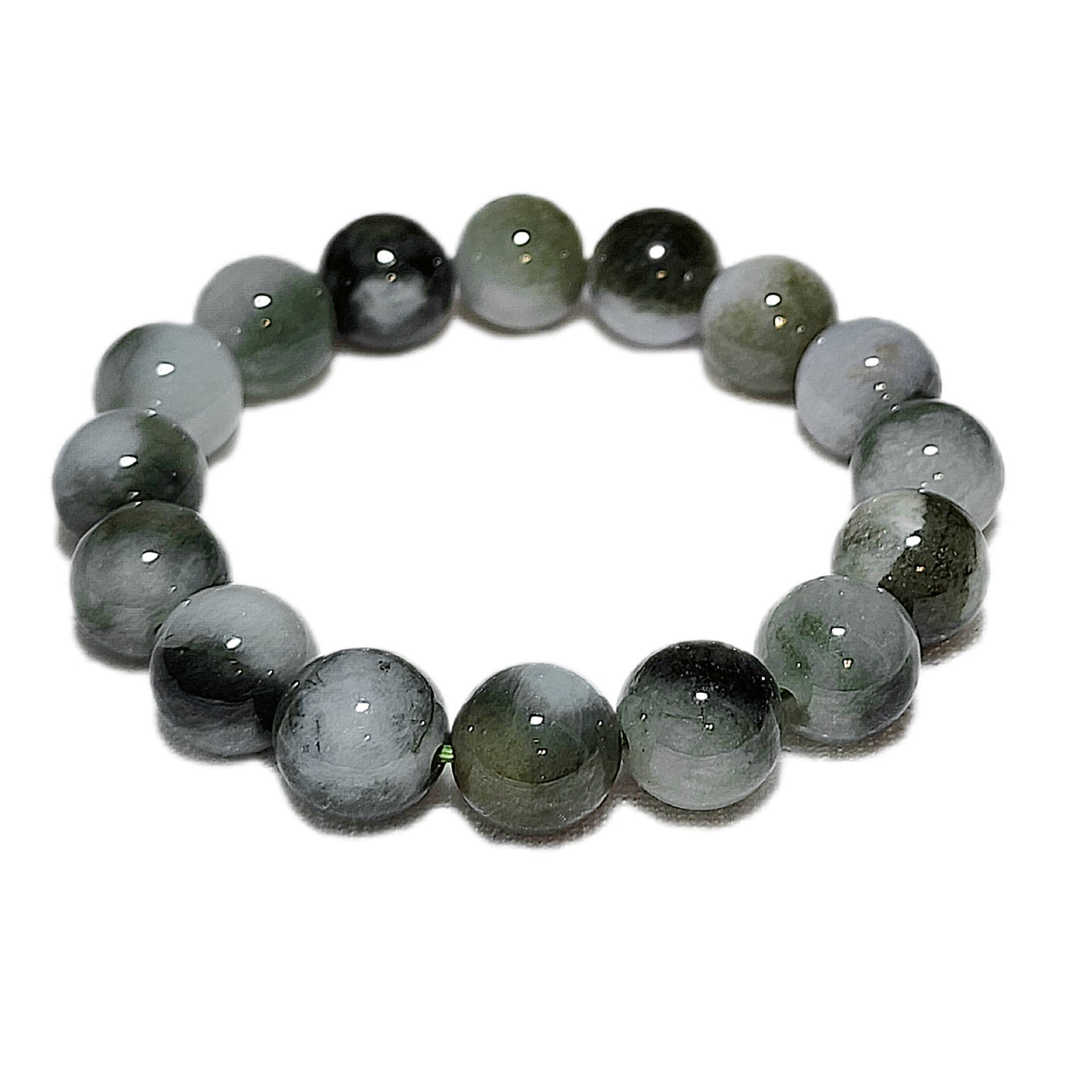13mm Natural untreated Burma Jade (Type A Jadeite) light green "floating flowers" bracelet (with certificate) 翡翠淡绿飘花手链(带证书)