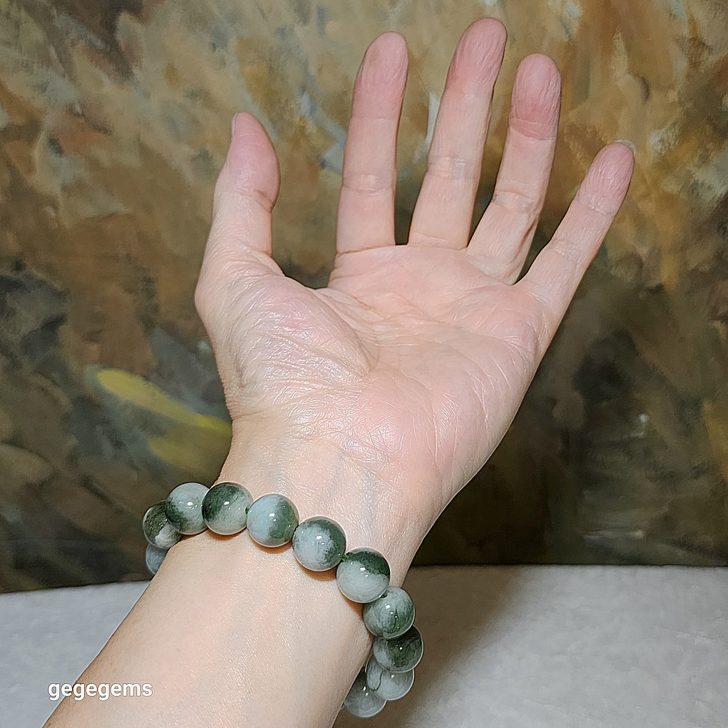 13mm Natural untreated Burma Jade (Type A Jadeite) light green "floating flowers" bracelet (with certificate) 翡翠淡绿飘花手链(带证书)