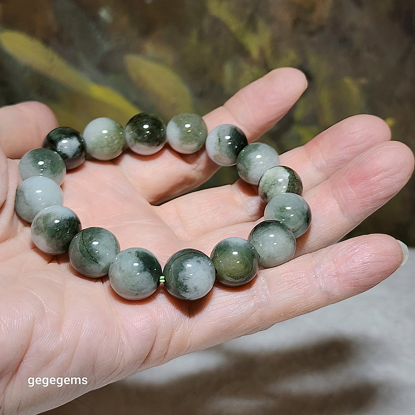 13mm Natural untreated Burma Jade (Type A Jadeite) light green "floating flowers" bracelet (with certificate) 翡翠淡绿飘花手链(带证书)