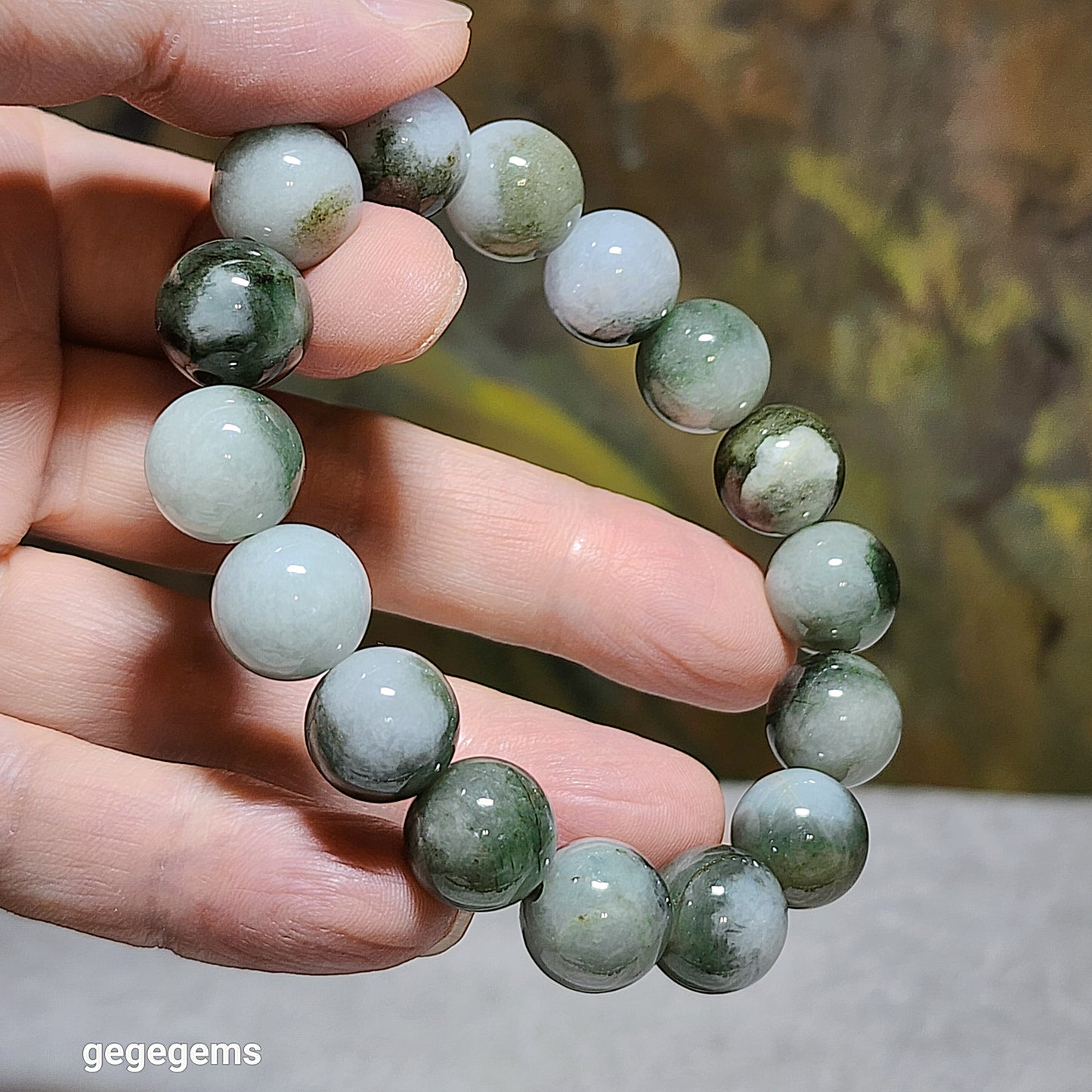 13mm Natural untreated Burma Jade (Type A Jadeite) light green "floating flowers" bracelet (with certificate) 翡翠淡绿飘花手链(带证书)