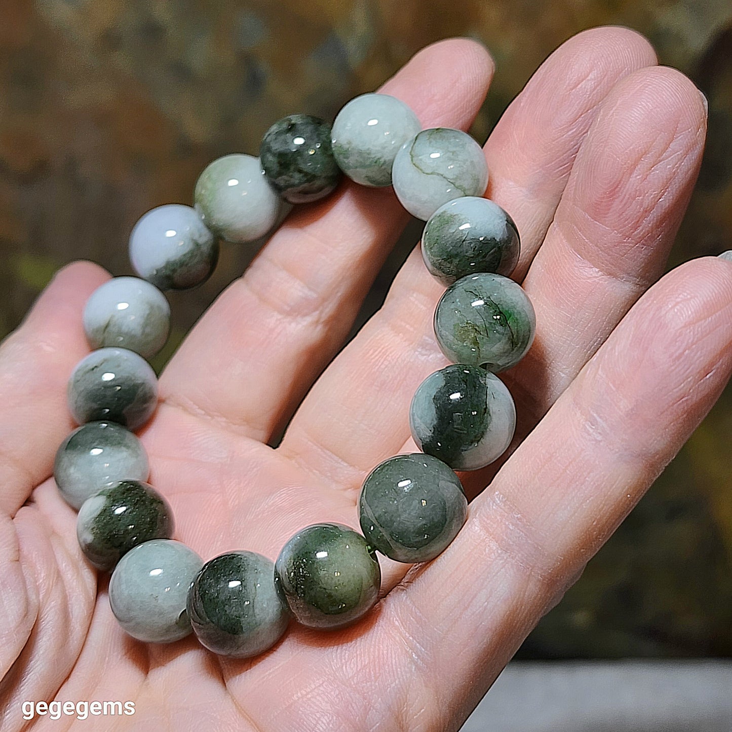 13mm Natural untreated Burma Jade (Type A Jadeite) light green "floating flowers" bracelet (with certificate) 翡翠淡绿飘花手链(带证书)