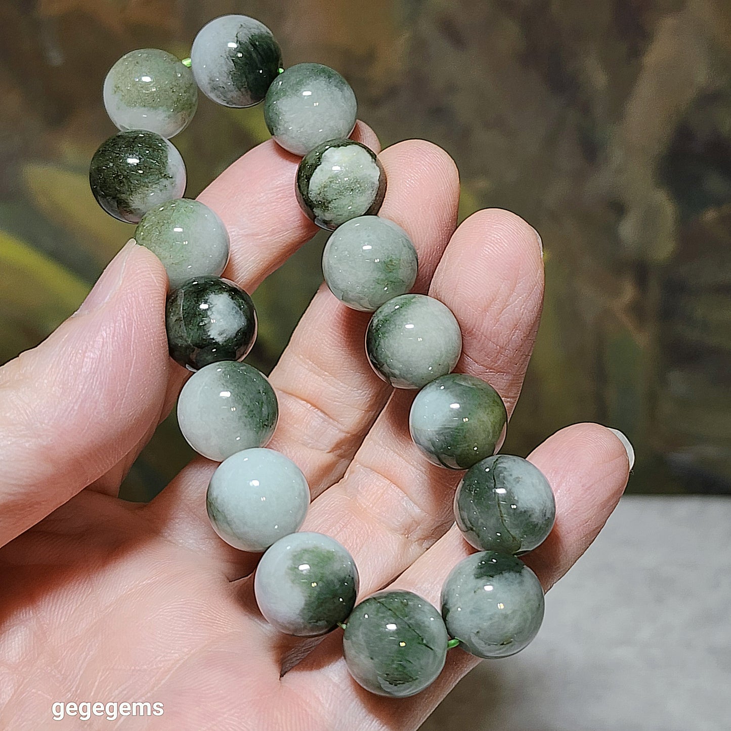 13mm Natural untreated Burma Jade (Type A Jadeite) light green "floating flowers" bracelet (with certificate) 翡翠淡绿飘花手链(带证书)