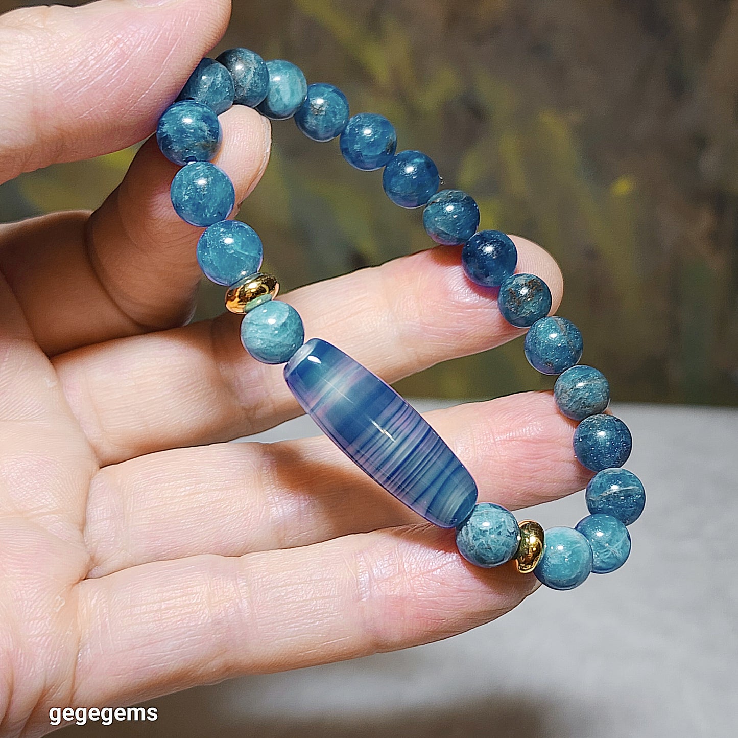 Gegegems Creation Blue Sardonyx natural pattern Lines Dzi and 8mm Apatite Bracelet 缠丝玛瑙天然多线天珠磷灰石手链