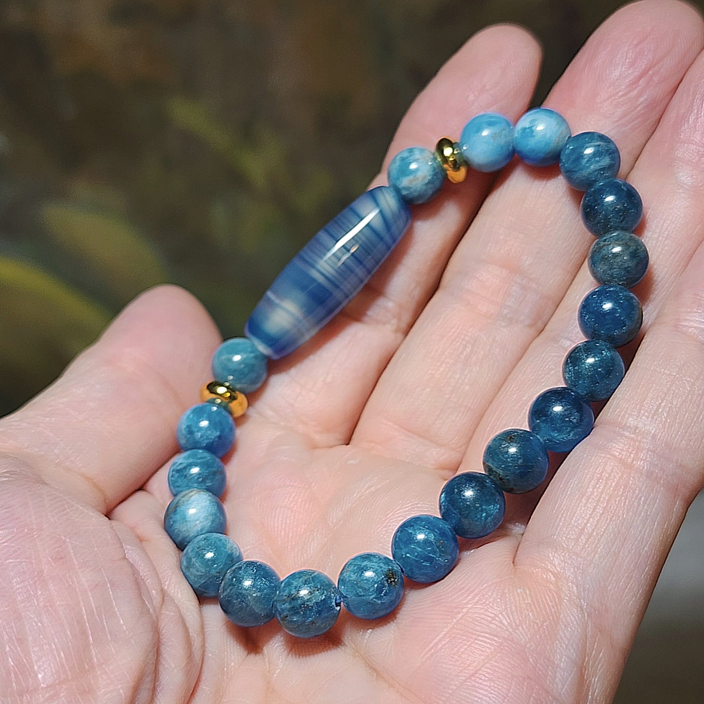 Gegegems Creation Blue Sardonyx natural pattern Lines Dzi and 8mm Apatite Bracelet 缠丝玛瑙天然多线天珠磷灰石手链
