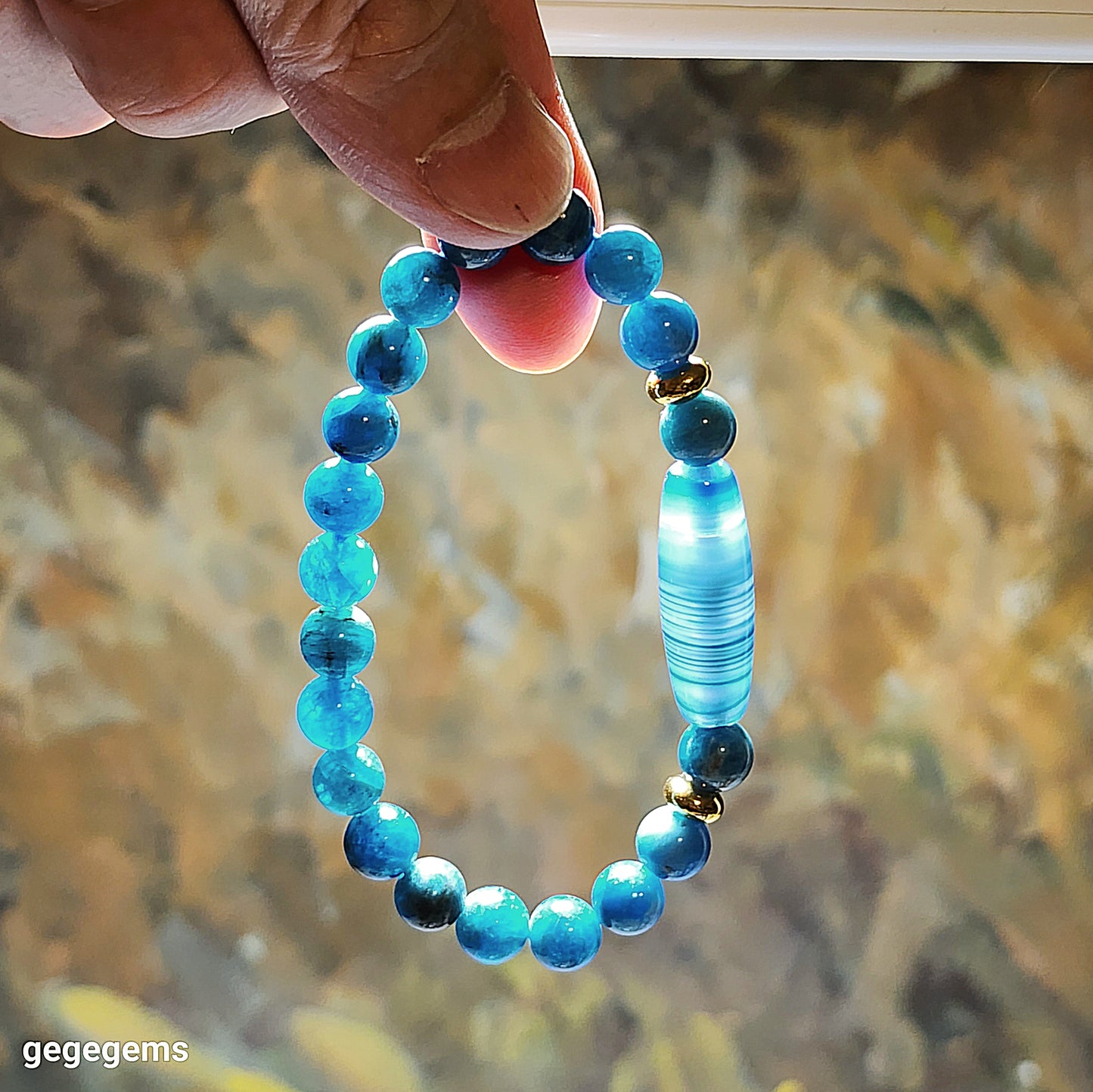 Gegegems Creation Blue Sardonyx natural pattern Lines Dzi and 8mm Apatite Bracelet 缠丝玛瑙天然多线天珠磷灰石手链