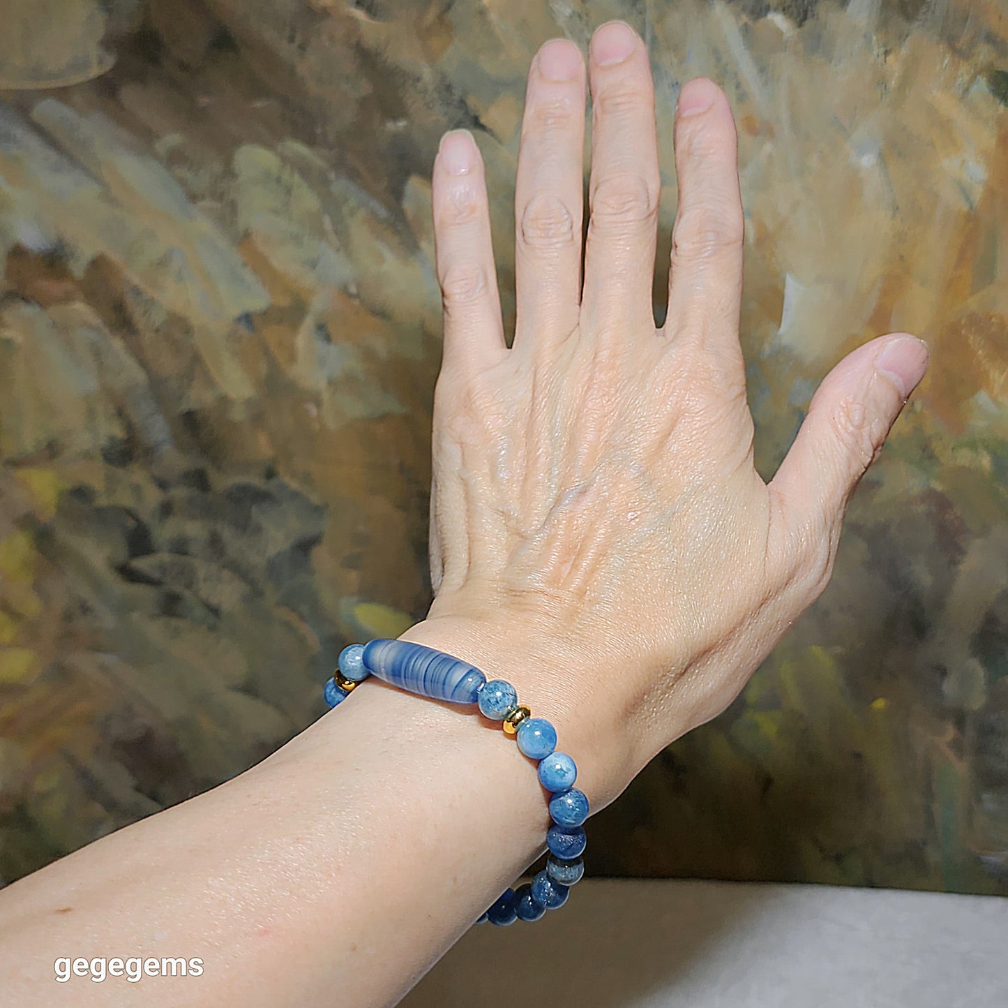 Gegegems Creation Blue Sardonyx natural pattern Lines Dzi and 8mm Apatite Bracelet 缠丝玛瑙天然多线天珠磷灰石手链
