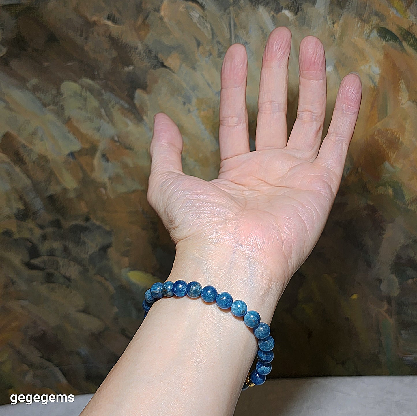Gegegems Creation Blue Sardonyx natural pattern Lines Dzi and 8mm Apatite Bracelet 缠丝玛瑙天然多线天珠磷灰石手链