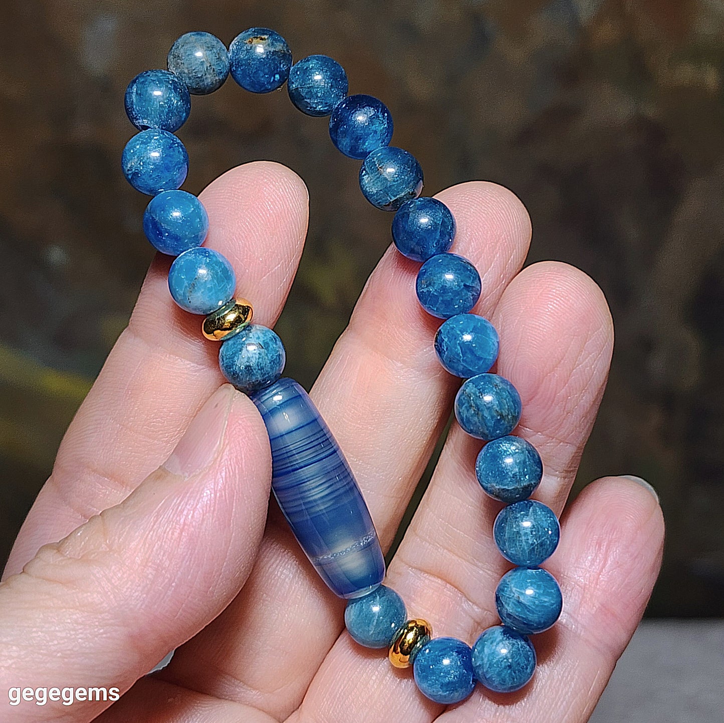 Gegegems Creation Blue Sardonyx natural pattern Lines Dzi and 8mm Apatite Bracelet 缠丝玛瑙天然多线天珠磷灰石手链