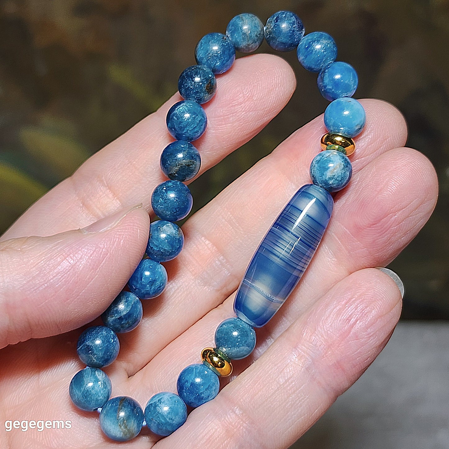 Gegegems Creation Blue Sardonyx natural pattern Lines Dzi and 8mm Apatite Bracelet 缠丝玛瑙天然多线天珠磷灰石手链