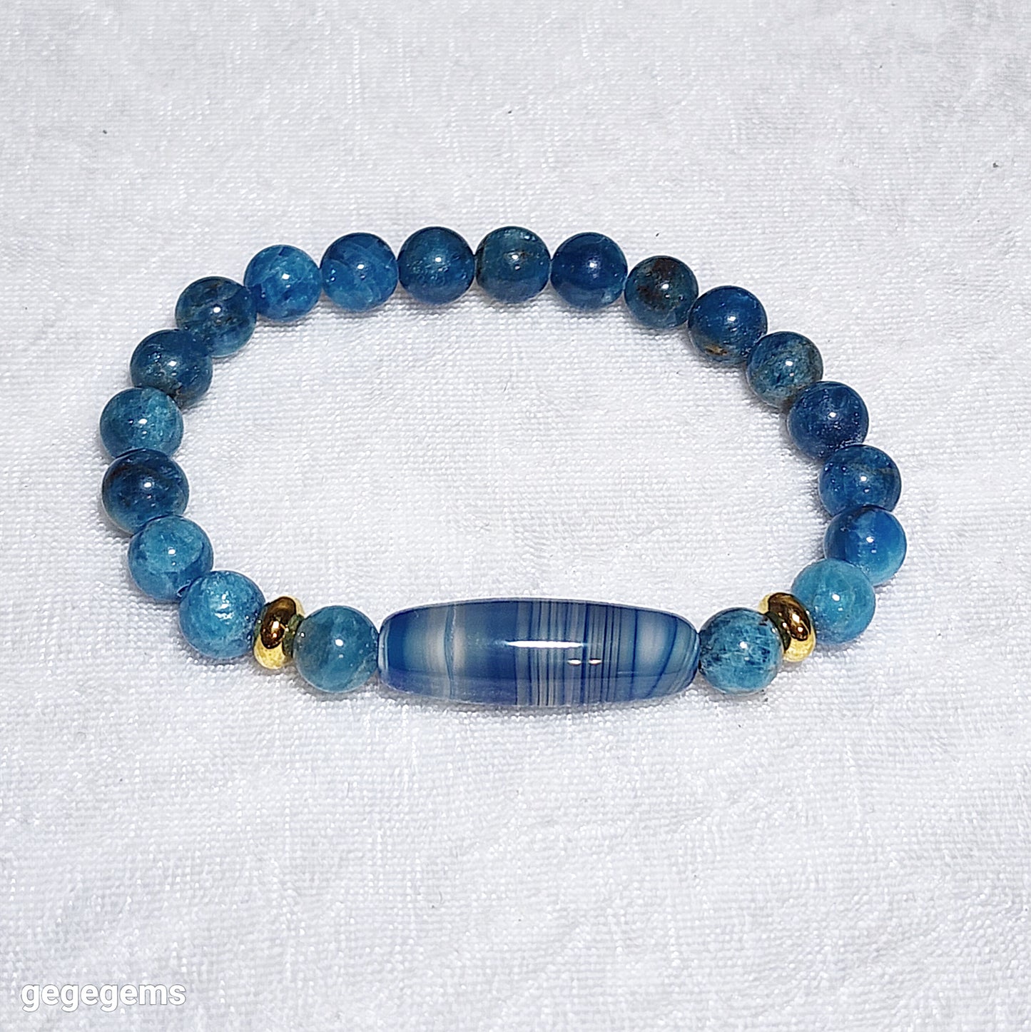 Gegegems Creation Blue Sardonyx natural pattern Lines Dzi and 8mm Apatite Bracelet 缠丝玛瑙天然多线天珠磷灰石手链