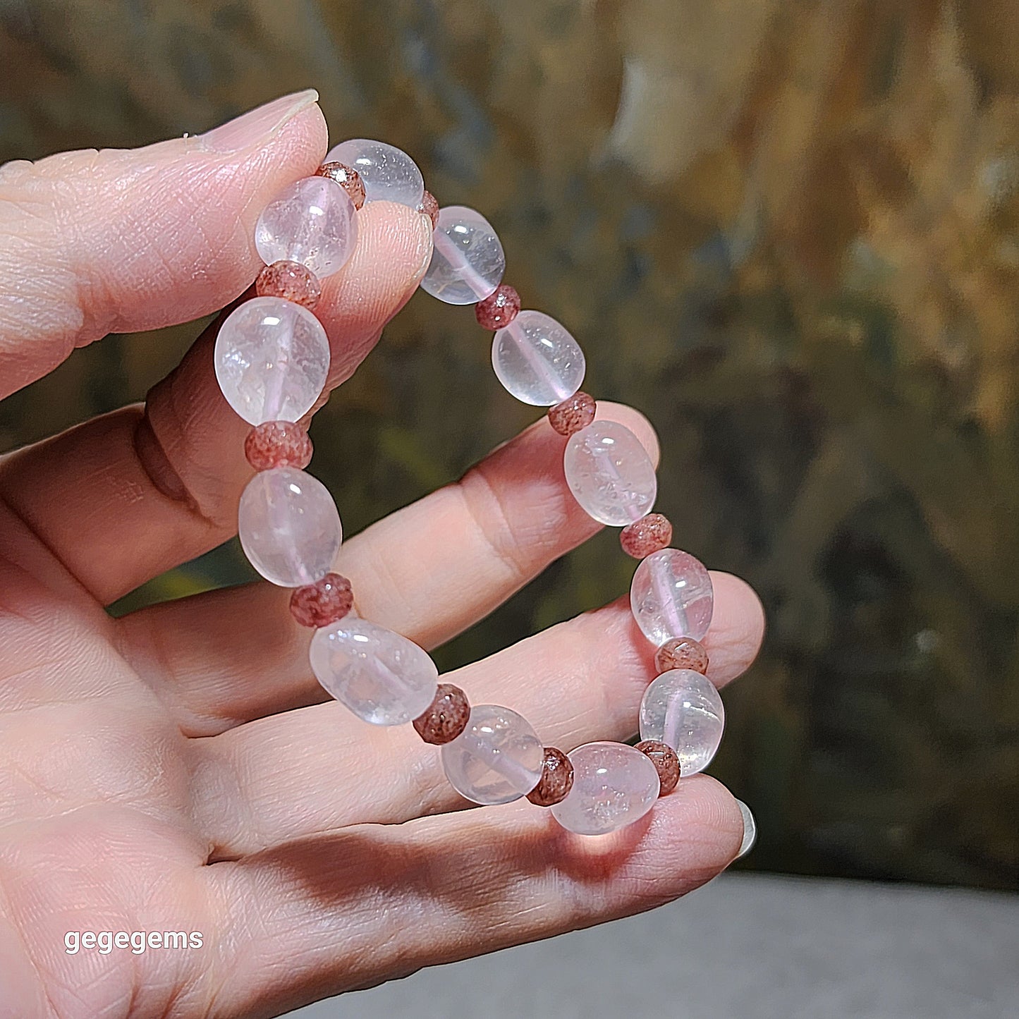 10mm Premium Madagascar freeform Rose Quartz with 6mm faceted Strawberry Quartz bracelet 冰透马达加斯加随形粉晶配切面草莓晶手链