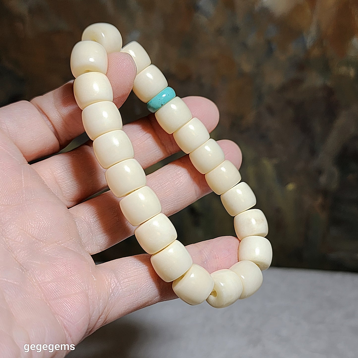 11.6mm Tibetan aged barrel beads and natural untreated Hubei Turquoise bracelet 藏式老料化石珠桶珠原矿湖北松石手链 #8