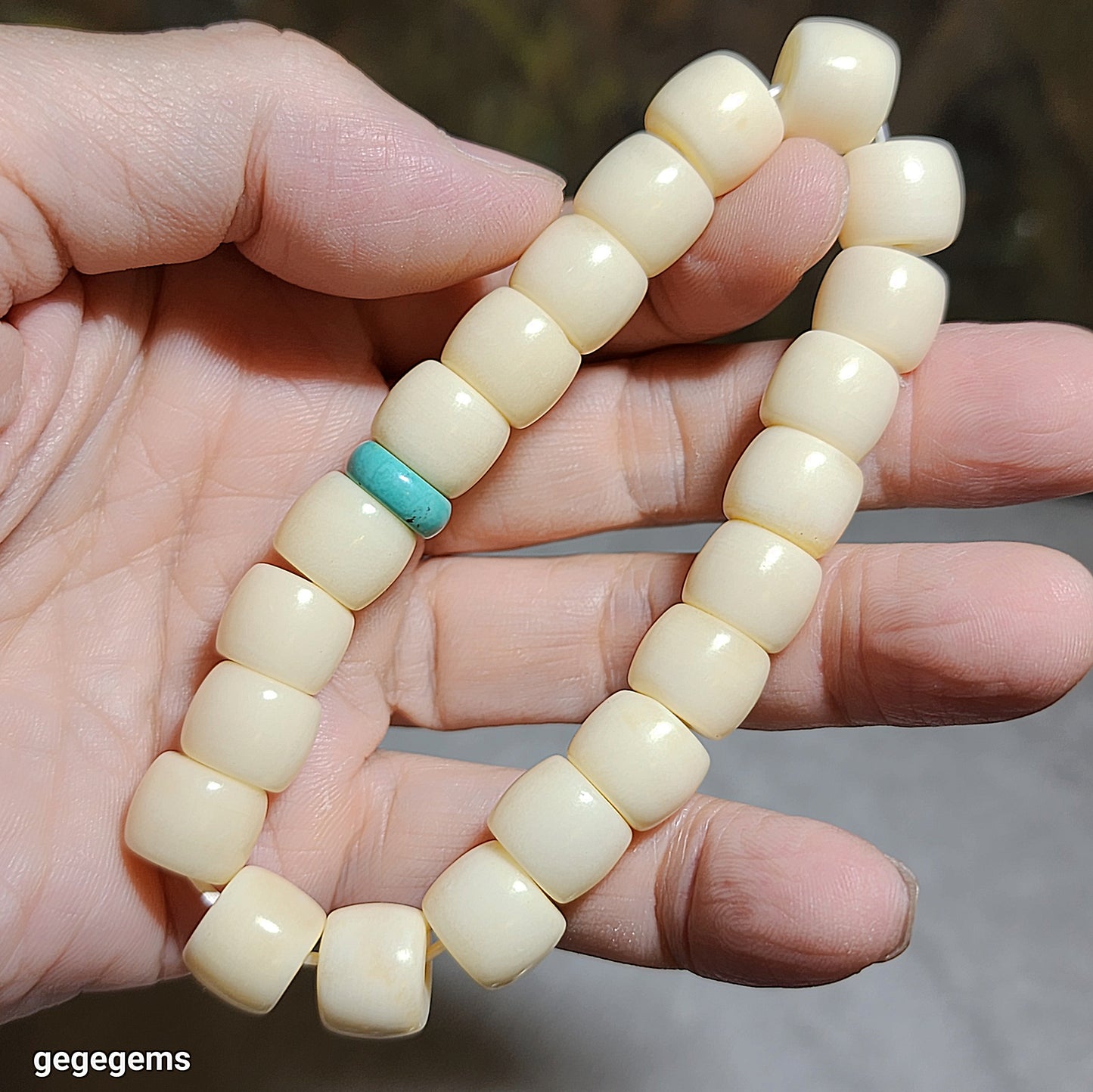 11.6mm Tibetan aged barrel beads and natural untreated Hubei Turquoise bracelet 藏式老料化石珠桶珠原矿湖北松石手链 #8
