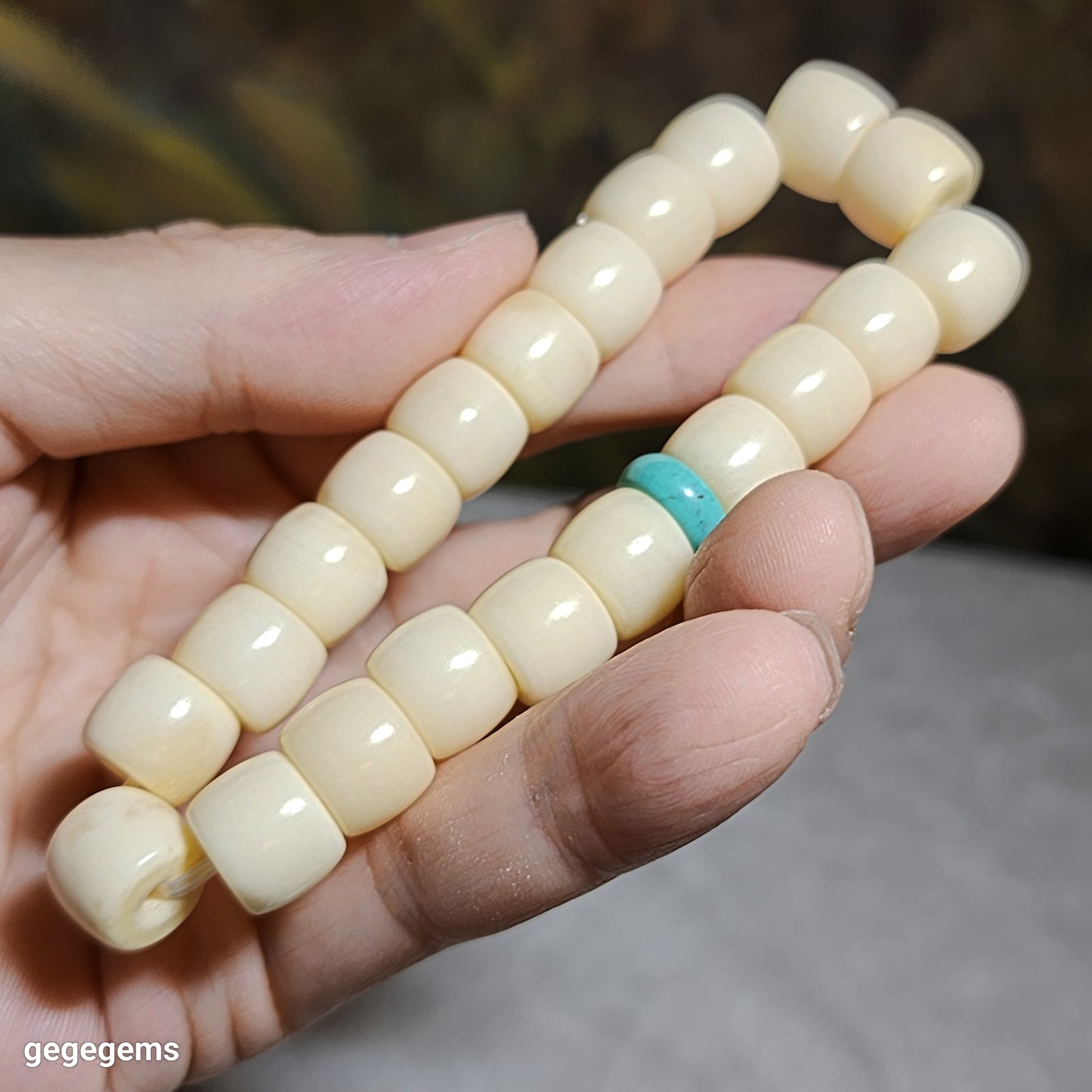 11.6mm Tibetan aged barrel beads and natural untreated Hubei Turquoise bracelet 藏式老料化石珠桶珠原矿湖北松石手链 #8