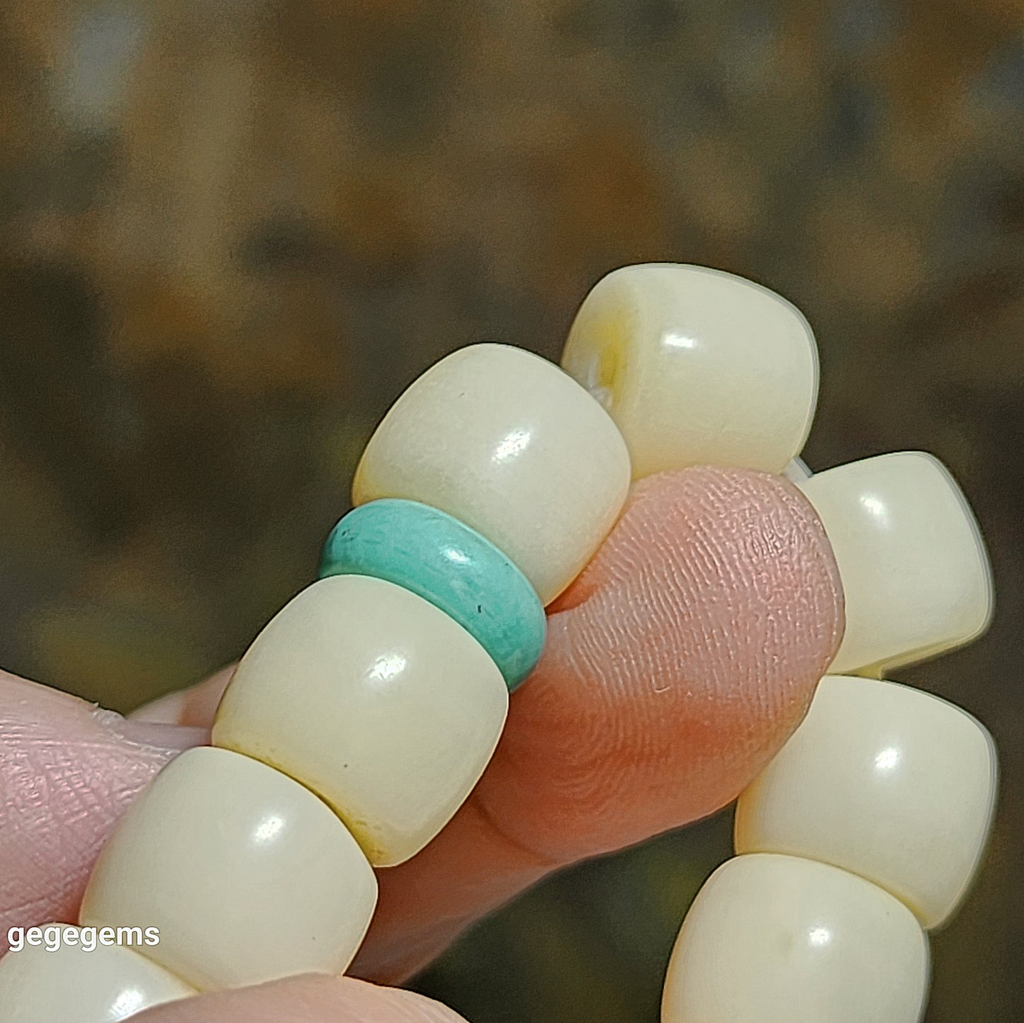 11.6mm Tibetan aged barrel beads and natural untreated Hubei Turquoise bracelet 藏式老料化石珠桶珠原矿湖北松石手链 #8