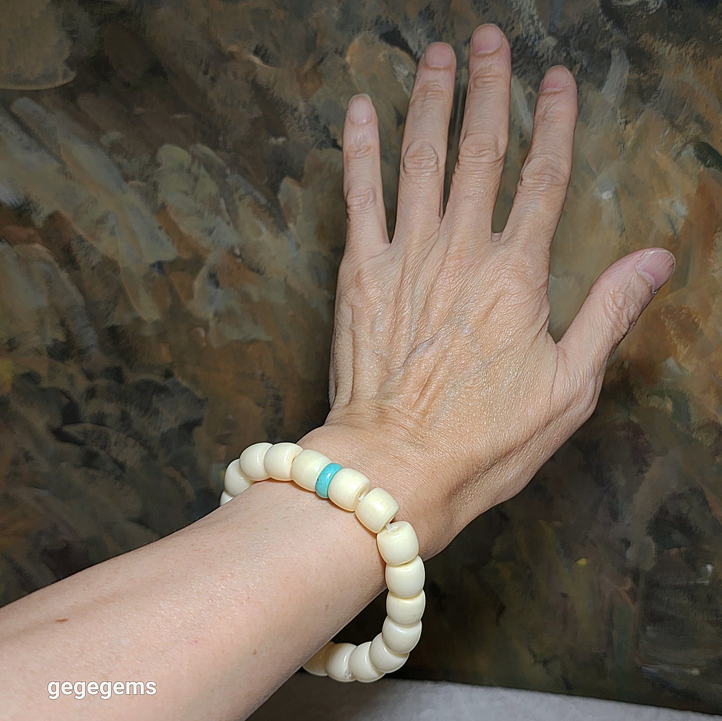 11.6mm Tibetan aged barrel beads and natural untreated Hubei Turquoise bracelet 藏式老料化石珠桶珠原矿湖北松石手链 #8