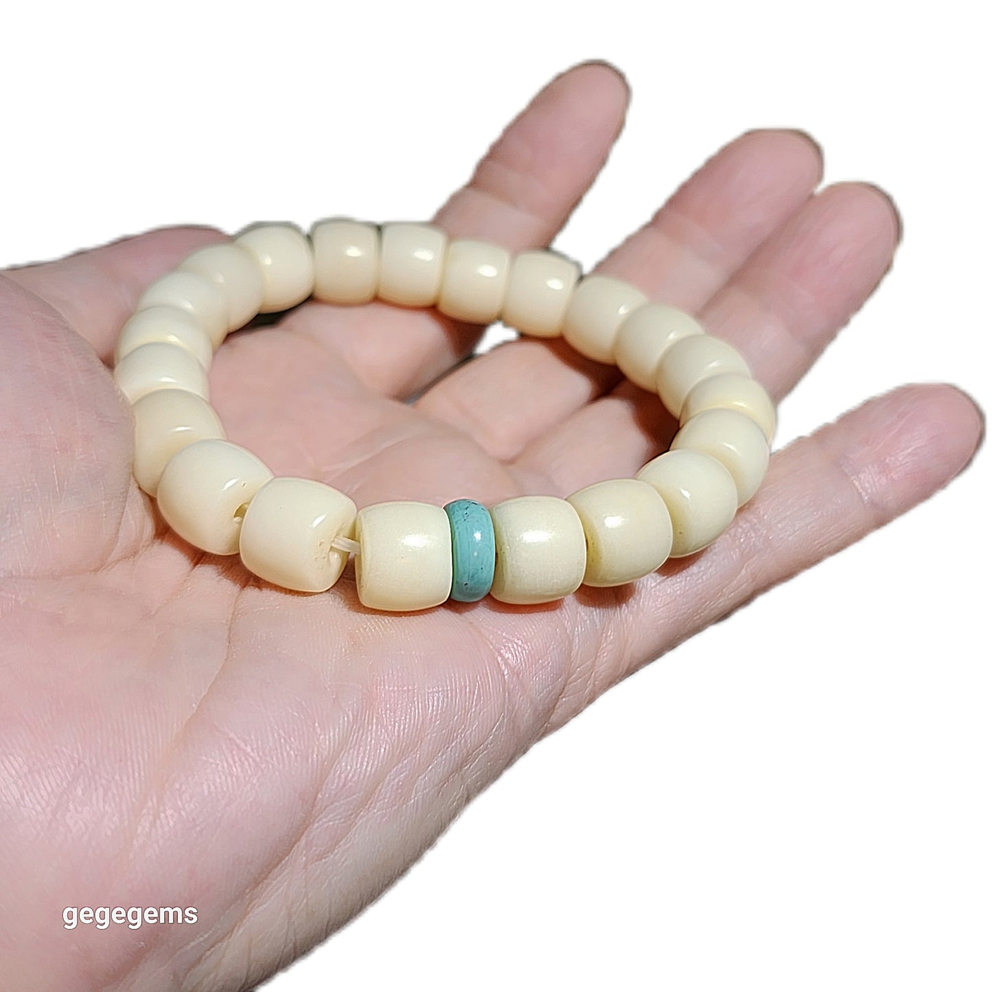 11.6mm Tibetan aged barrel beads and natural untreated Hubei Turquoise bracelet 藏式老料化石珠桶珠原矿湖北松石手链 #8