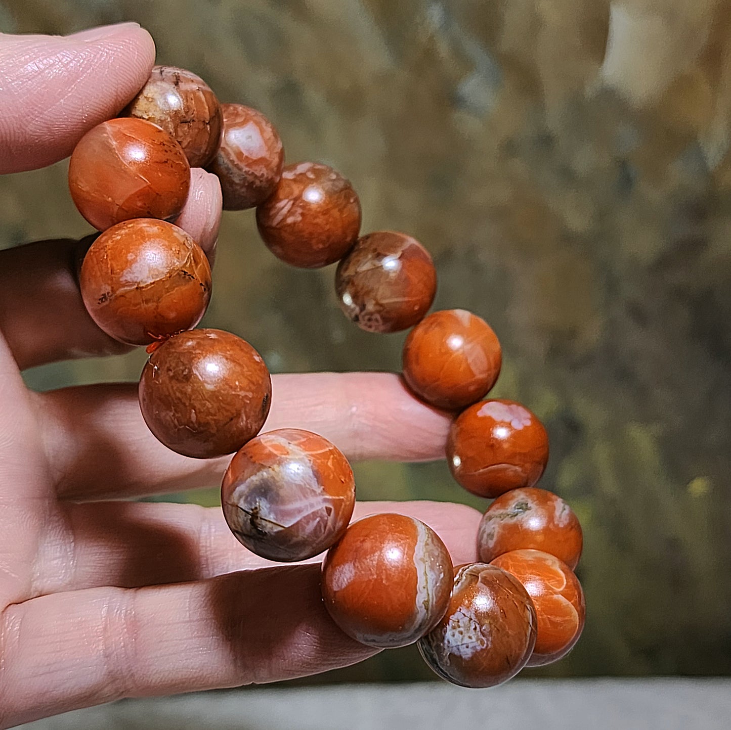 17.5mm Baoshan Nan Hong with some "stone skin" bracelet 100克大尺寸保山南红带小许皮手链