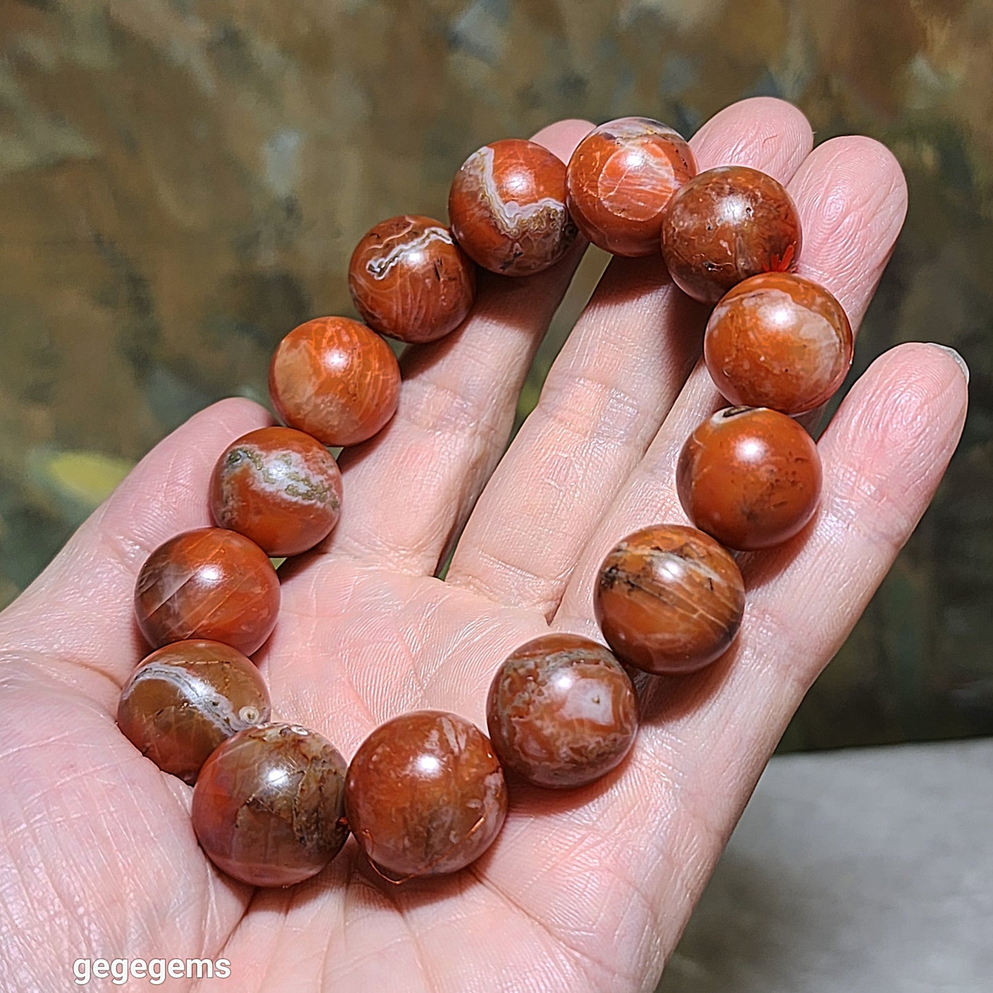 17.5mm Baoshan Nan Hong with some "stone skin" bracelet 100克大尺寸保山南红带小许皮手链