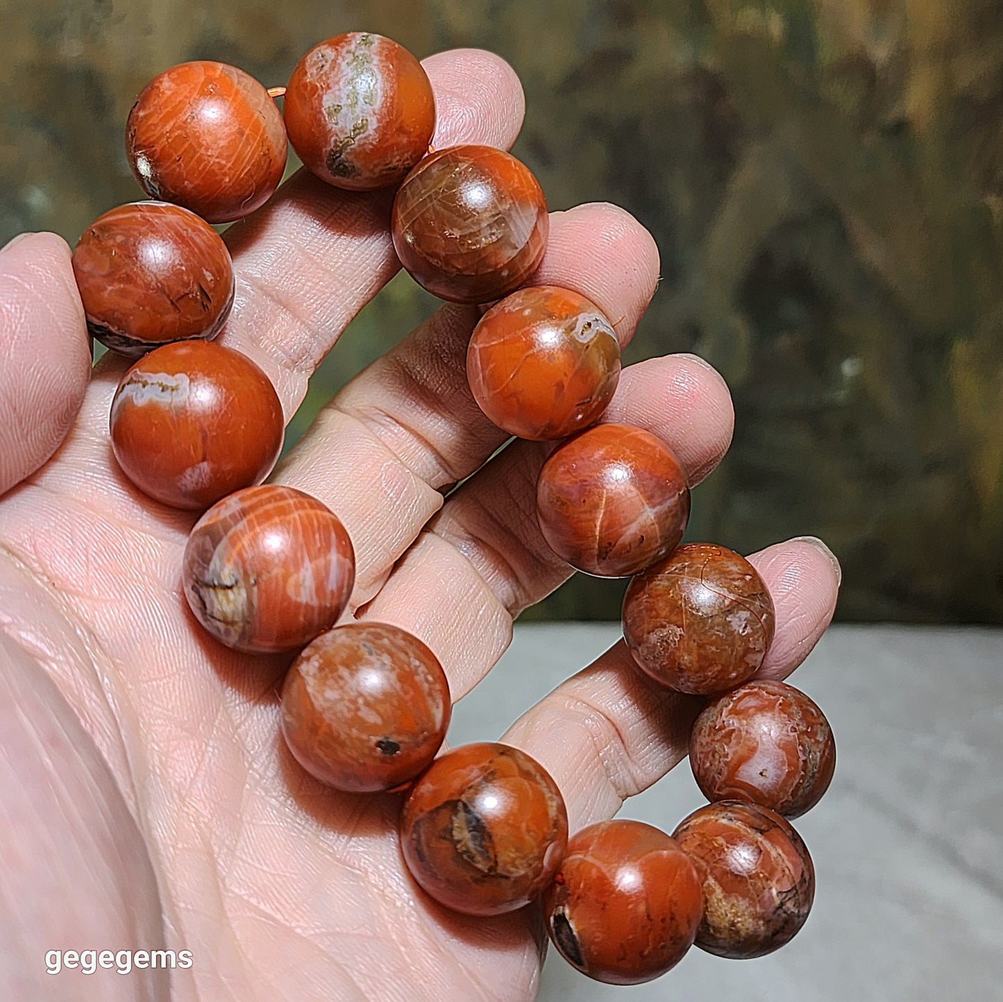 17.5mm Baoshan Nan Hong with some "stone skin" bracelet 100克大尺寸保山南红带小许皮手链