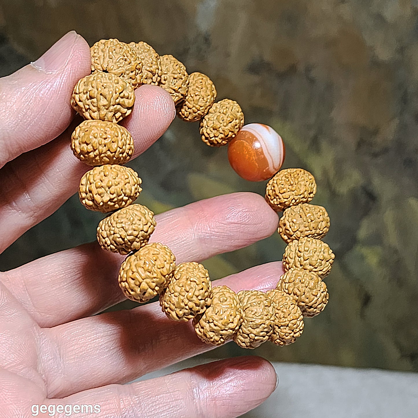 14mm premium natural "Panlong" (Coiling Dragon) 10 Mukhi (faces) small species Rudraksha with a 16mm Baoshan Nan Hong bracelet/18 beads mala 14毫米十瓣盘龙小金刚菩提子配宝山南红手链/十八子手持