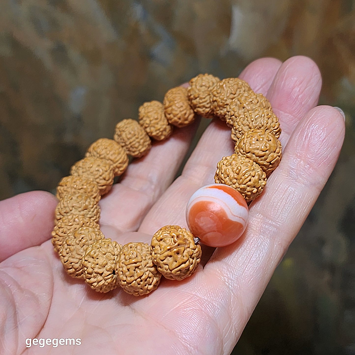 14mm premium natural "Panlong" (Coiling Dragon) 10 Mukhi (faces) small species Rudraksha with a 16mm Baoshan Nan Hong bracelet/18 beads mala 14毫米十瓣盘龙小金刚菩提子配宝山南红手链/十八子手持
