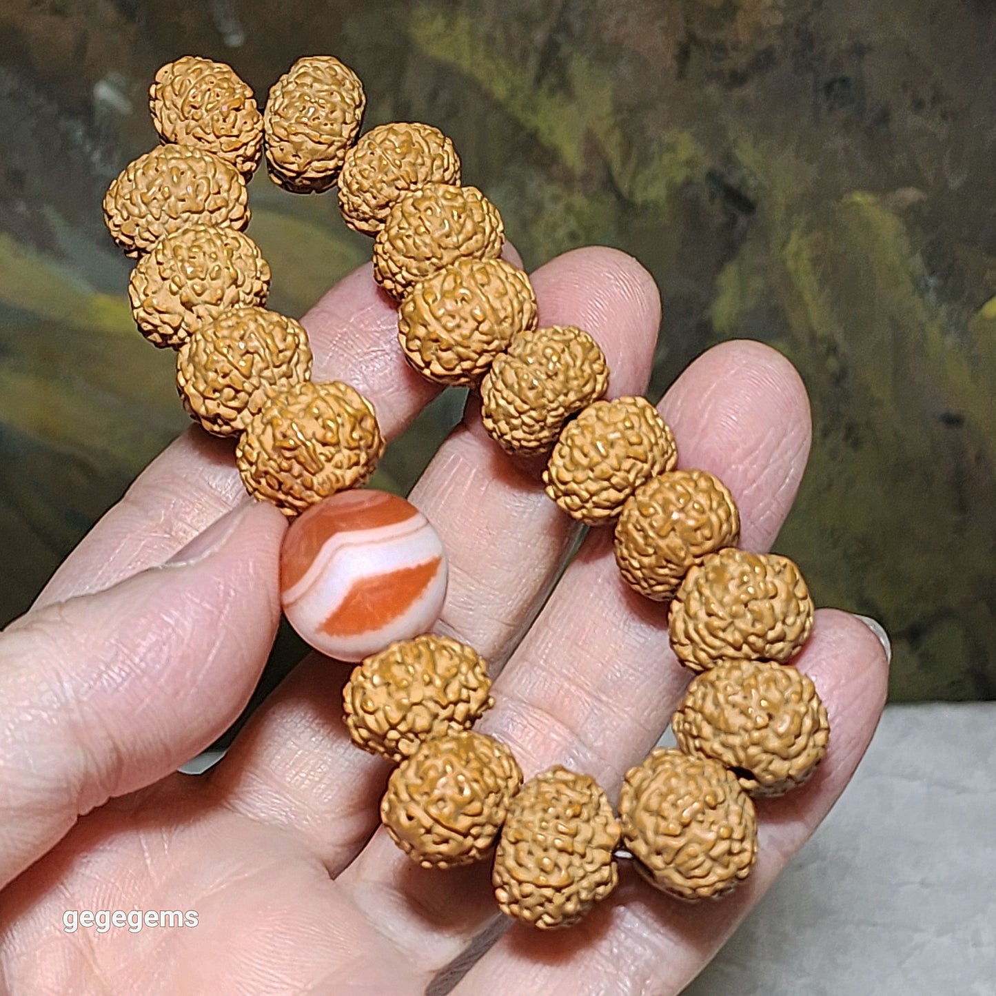 14mm premium natural "Panlong" (Coiling Dragon) 10 Mukhi (faces) small species Rudraksha with a 16mm Baoshan Nan Hong bracelet/18 beads mala 14毫米十瓣盘龙小金刚菩提子配宝山南红手链/十八子手持