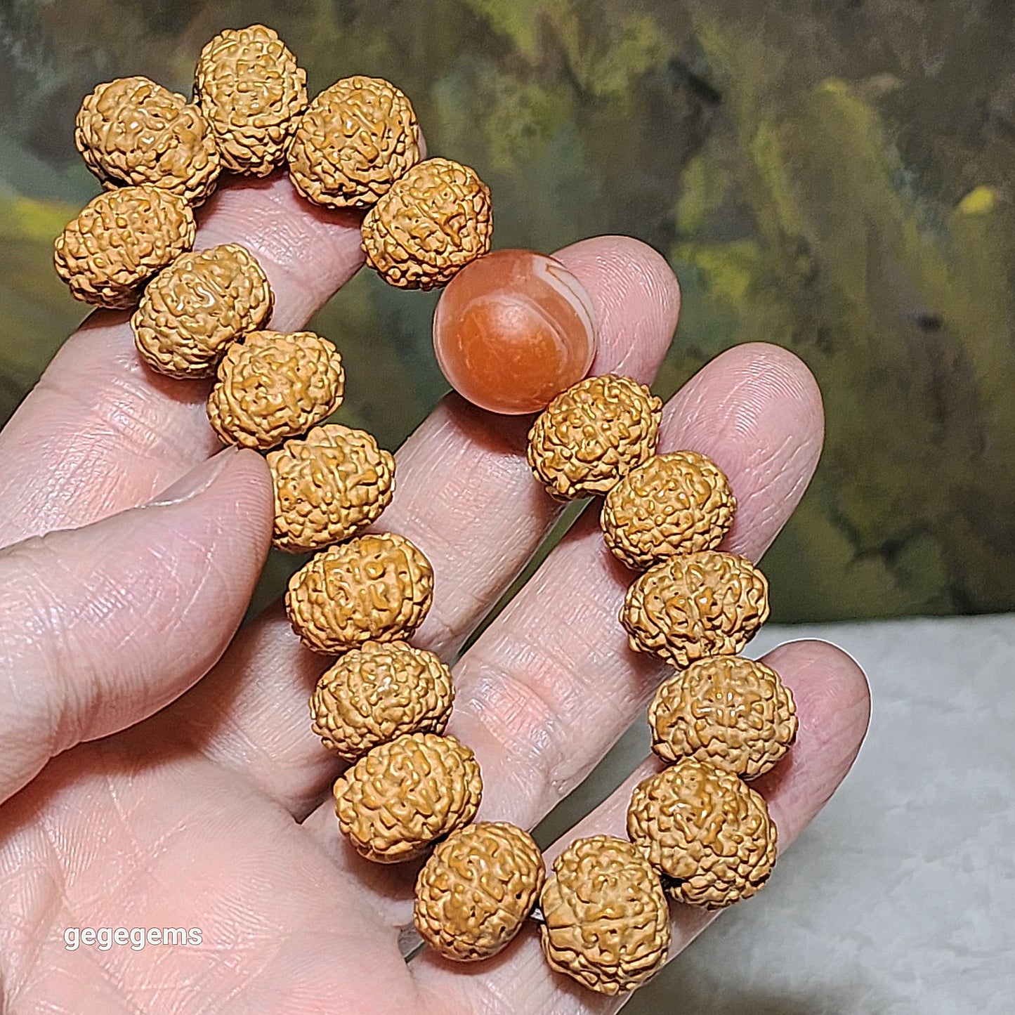 14mm premium natural "Panlong" (Coiling Dragon) 10 Mukhi (faces) small species Rudraksha with a 16mm Baoshan Nan Hong bracelet/18 beads mala 14毫米十瓣盘龙小金刚菩提子配宝山南红手链/十八子手持