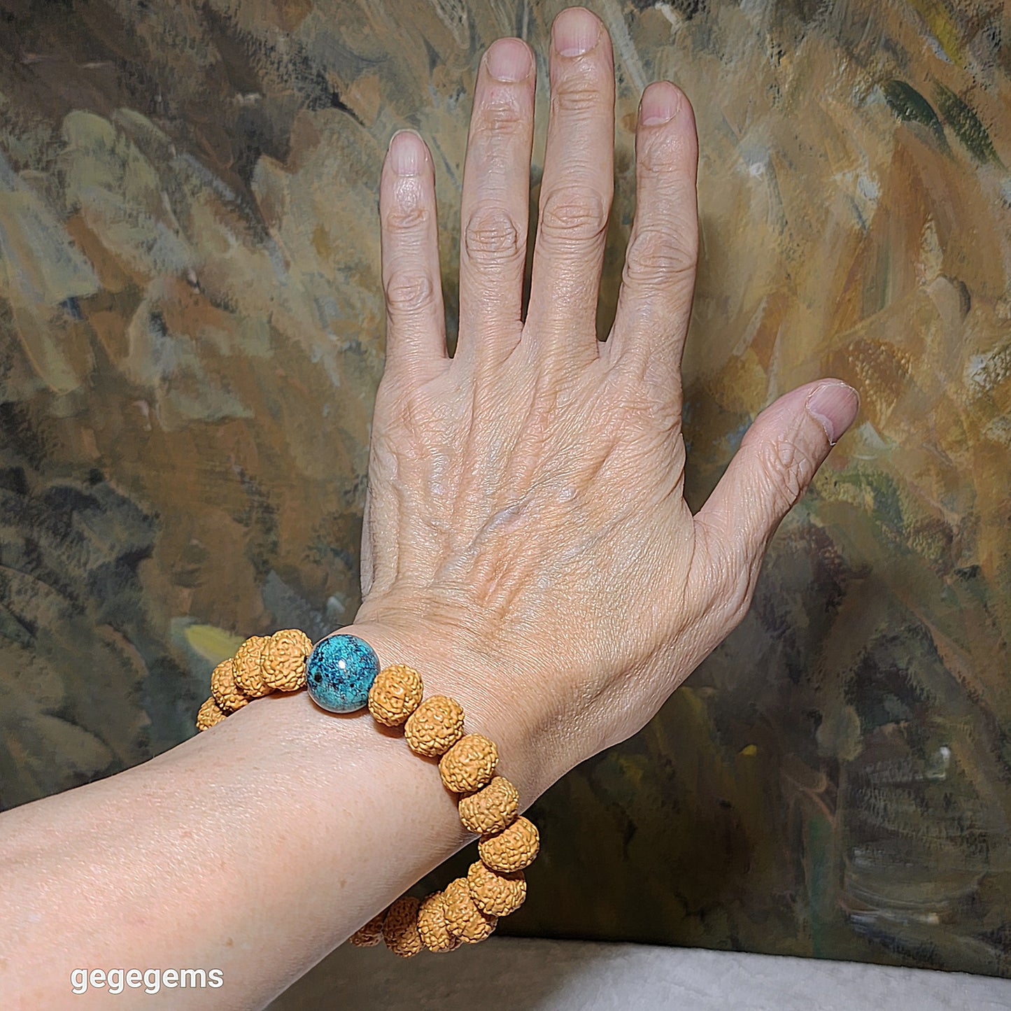 12.5mm+ premium natural "Panlong" (Coiling Dragon) 7 Mukhi (faces) small species Rudraksha with a 16.2mm Chrysocolla bracelet 七瓣盘龙小金刚菩提子配凤凰松石(硅孔雀石)手链