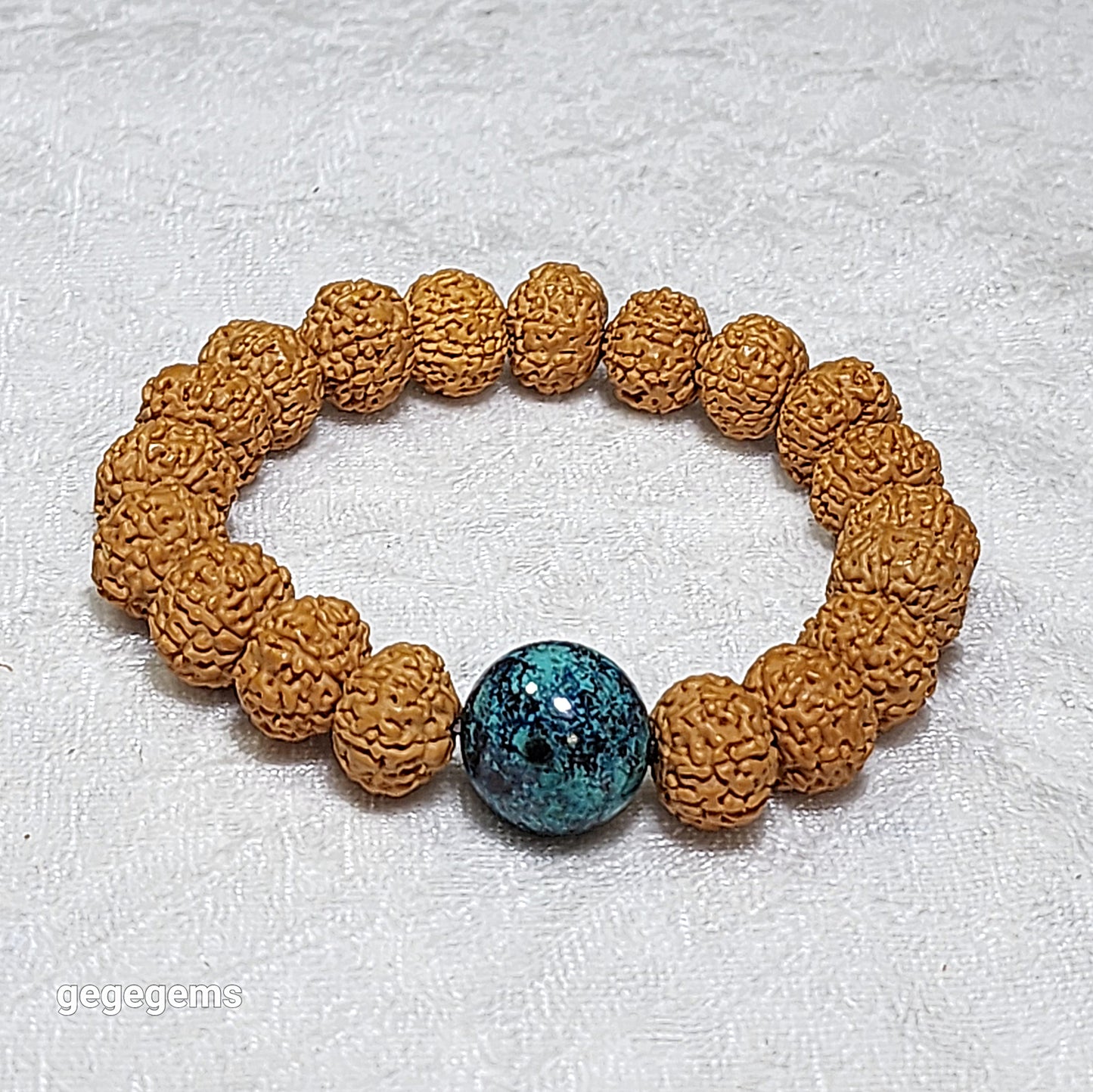 12.5mm+ premium natural "Panlong" (Coiling Dragon) 7 Mukhi (faces) small species Rudraksha with a 16.2mm Chrysocolla bracelet 七瓣盘龙小金刚菩提子配凤凰松石(硅孔雀石)手链